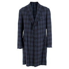 Hardy Amies Navy Blue Check Wool Men's Longline Coat	- No Size Label 