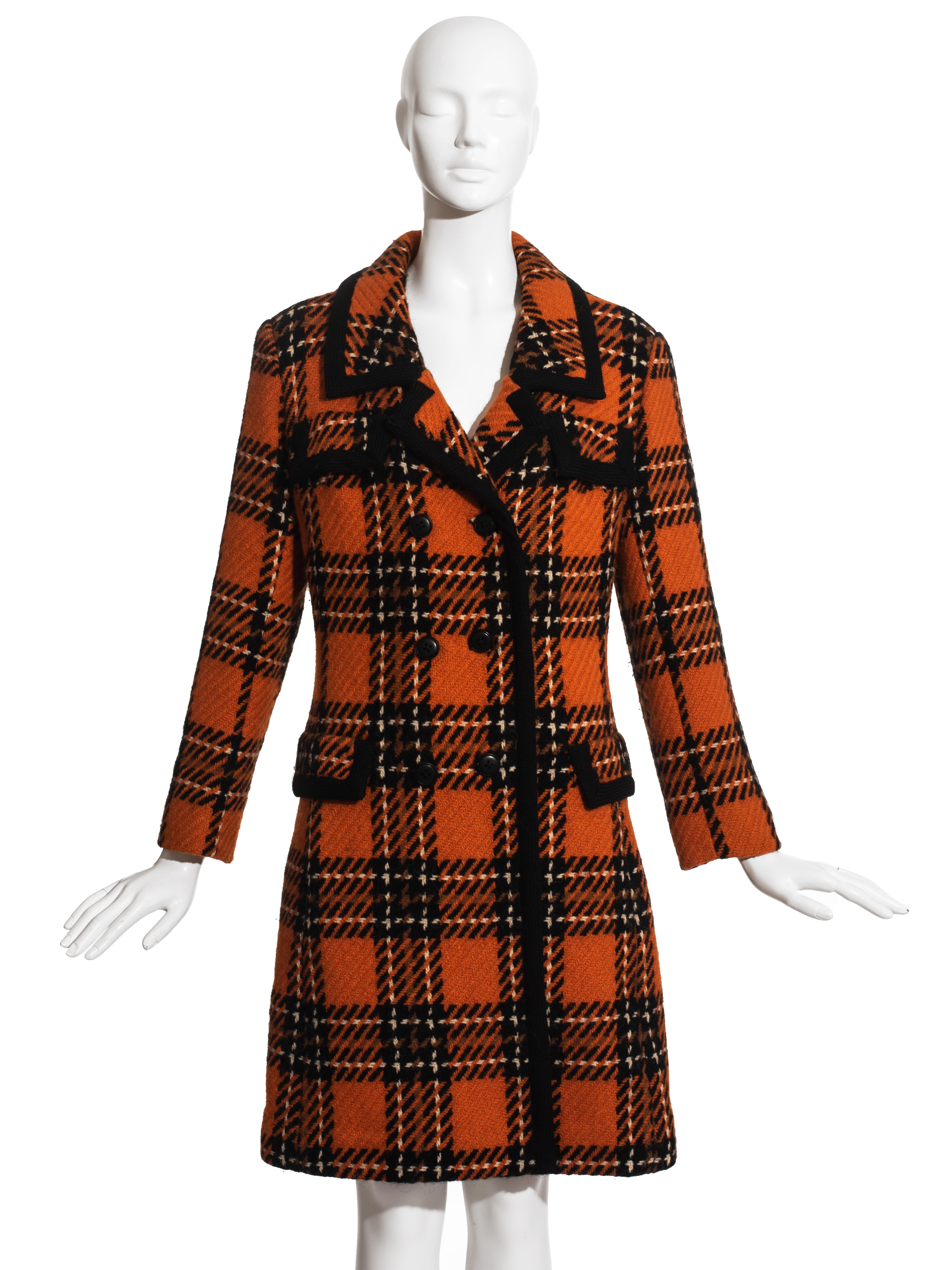 Hardy Amies orange and black wool tweed checked double breasted coat.

c. 1960