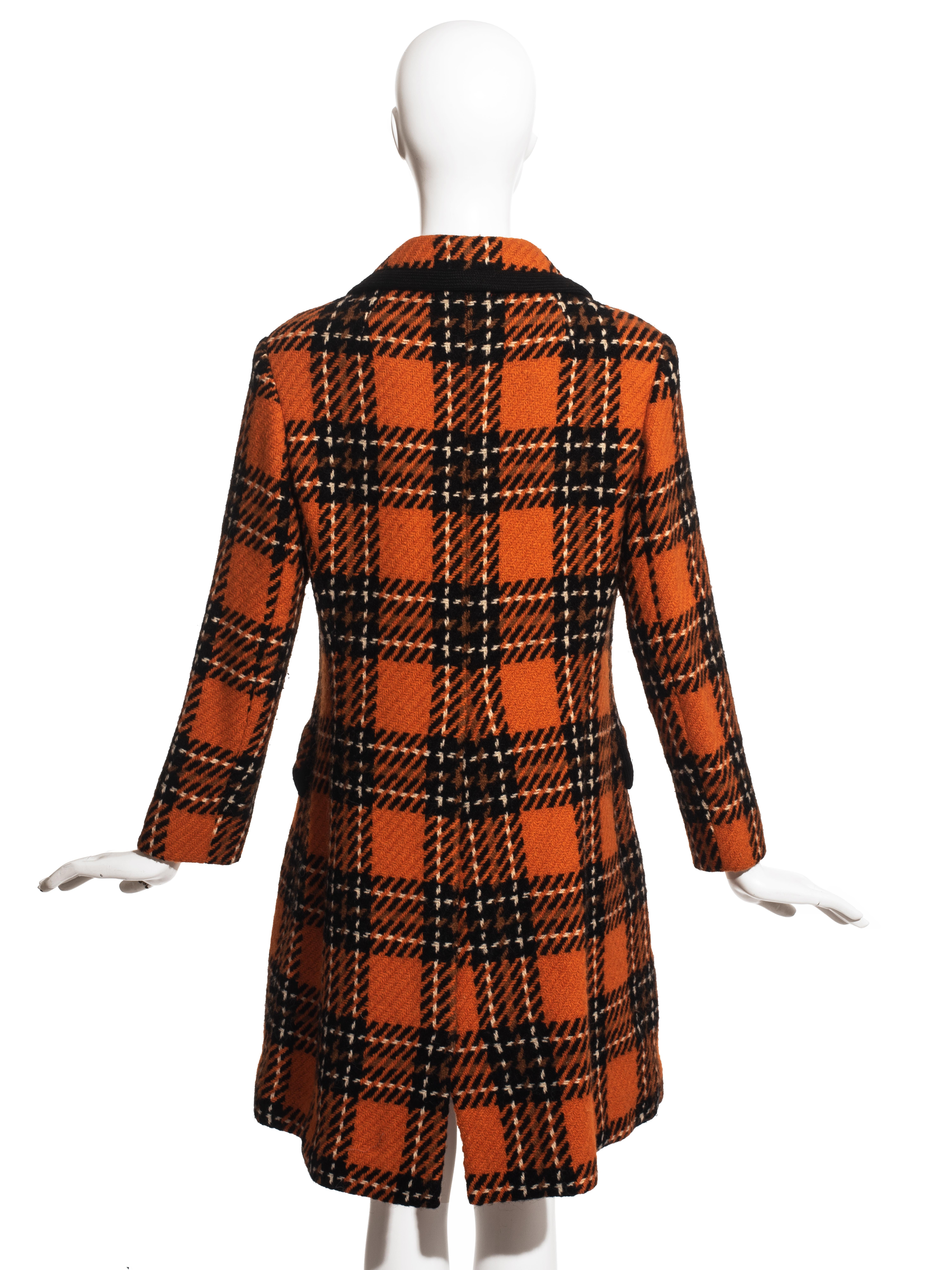Black Hardy Amies orange wool tweed checked double breasted coat, c. 1960
