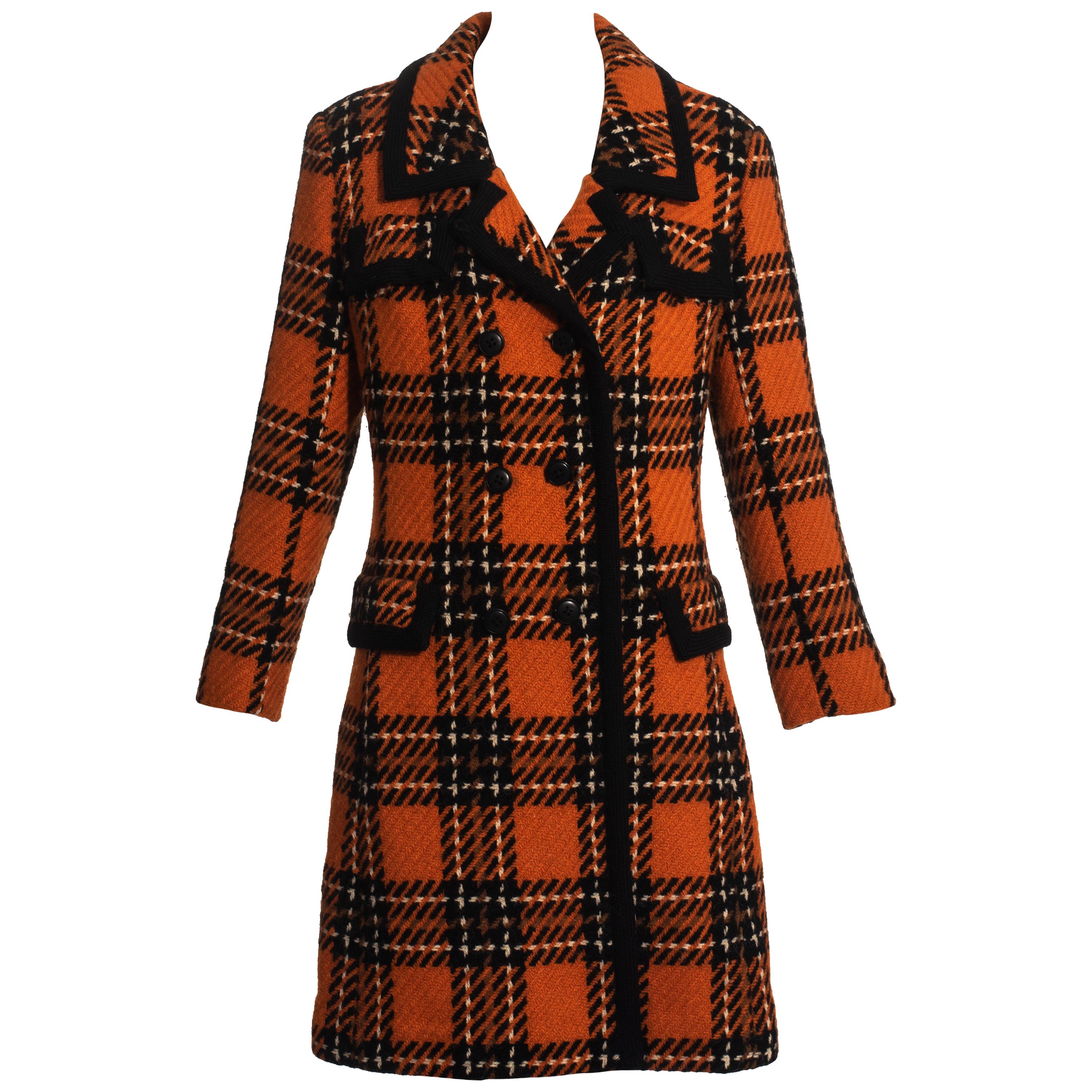 Hardy Amies orange wool tweed checked double breasted coat, c. 1960