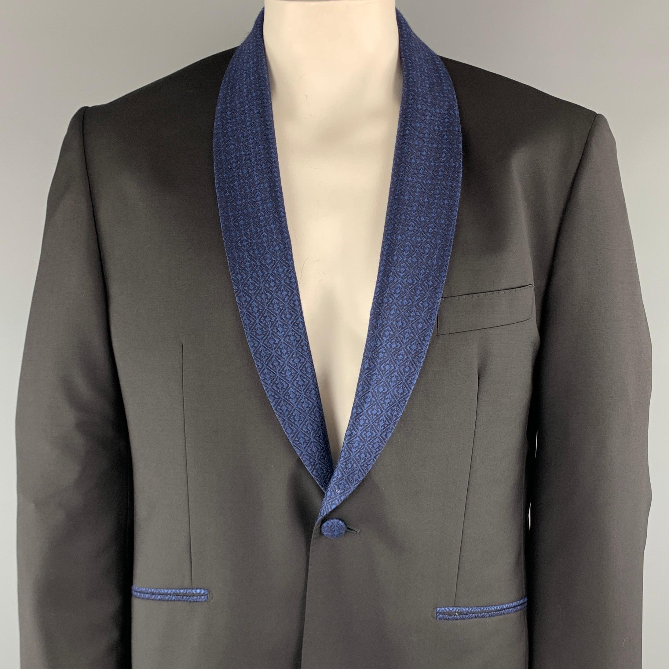 HARDY AMIES Sport Coat comes in a black wool / mohair featuring a blue print shawl collar and a single button closure. Made in Portugal.

Excellent Pre-Owned Condition.
Marked: 54 R

Measurements:

Shoulder: 17.5 in.
Chest: 44 in. 
Sleeve: 25 in.