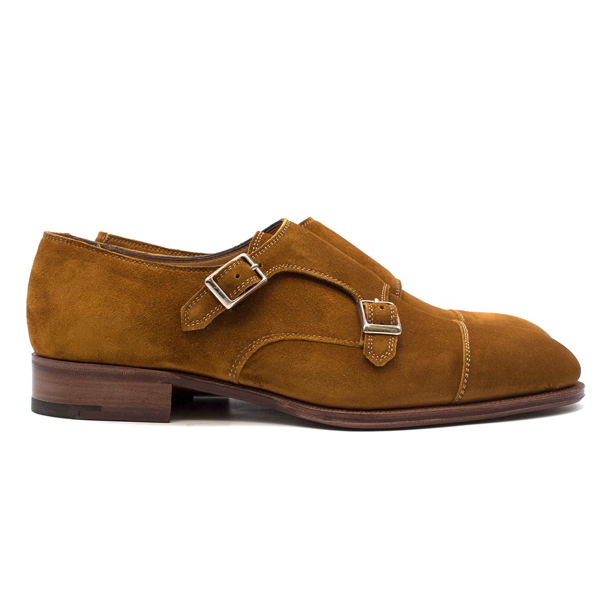 Hardy Amies Tan-brown Suede Double Monk Shoes

- Tan-brown suede monk shoes
- Double monk straps
- Smart round toe shape
- Nude leather lining with logo embroidered
- Leather soles
- Low heel
- This item comes with the original shoe box

Please