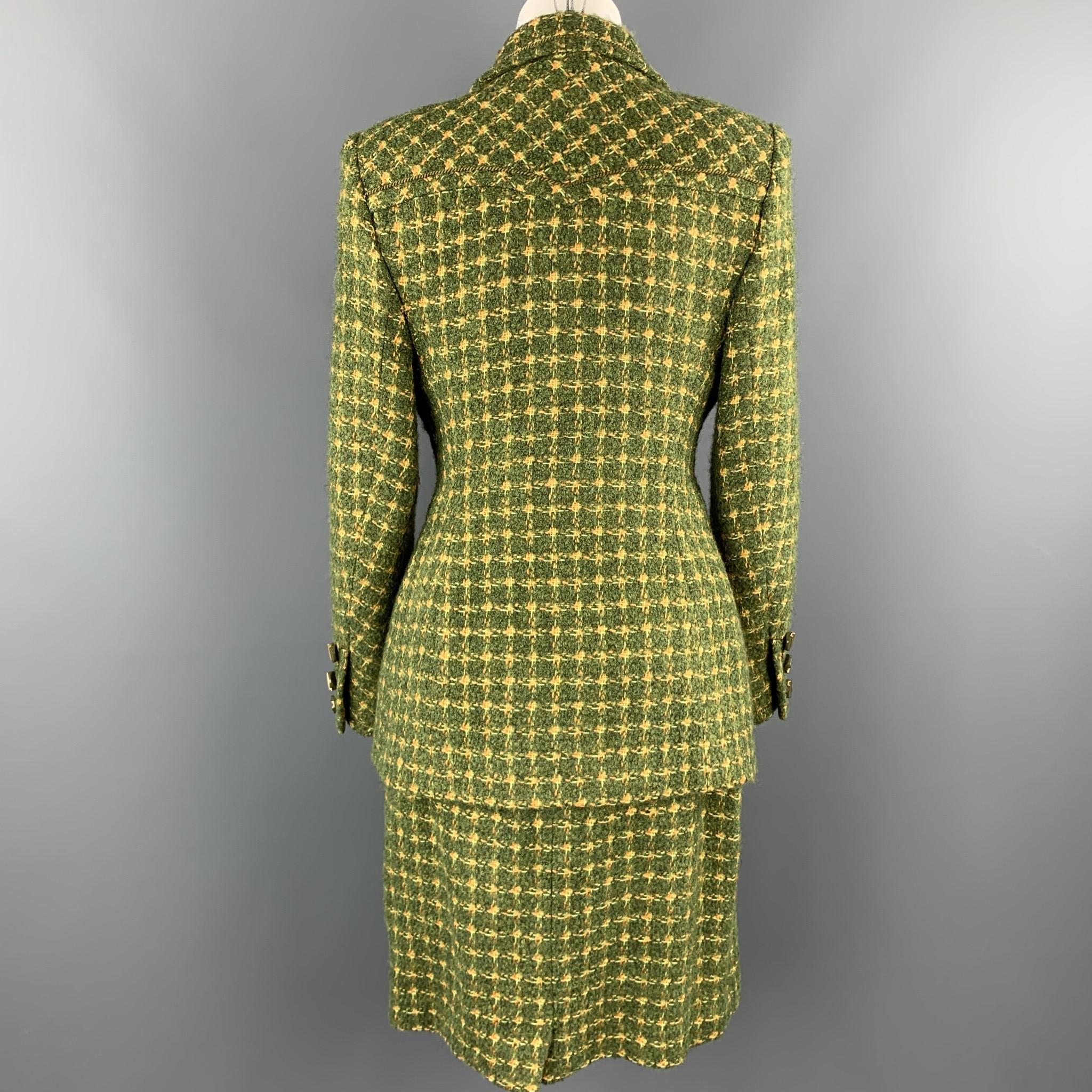 Women's HARDY AMIES Vintage Size M Green Tweed Skirt Suit