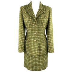 HARDY AMIES Antique Size M Green Tweed Skirt Suit