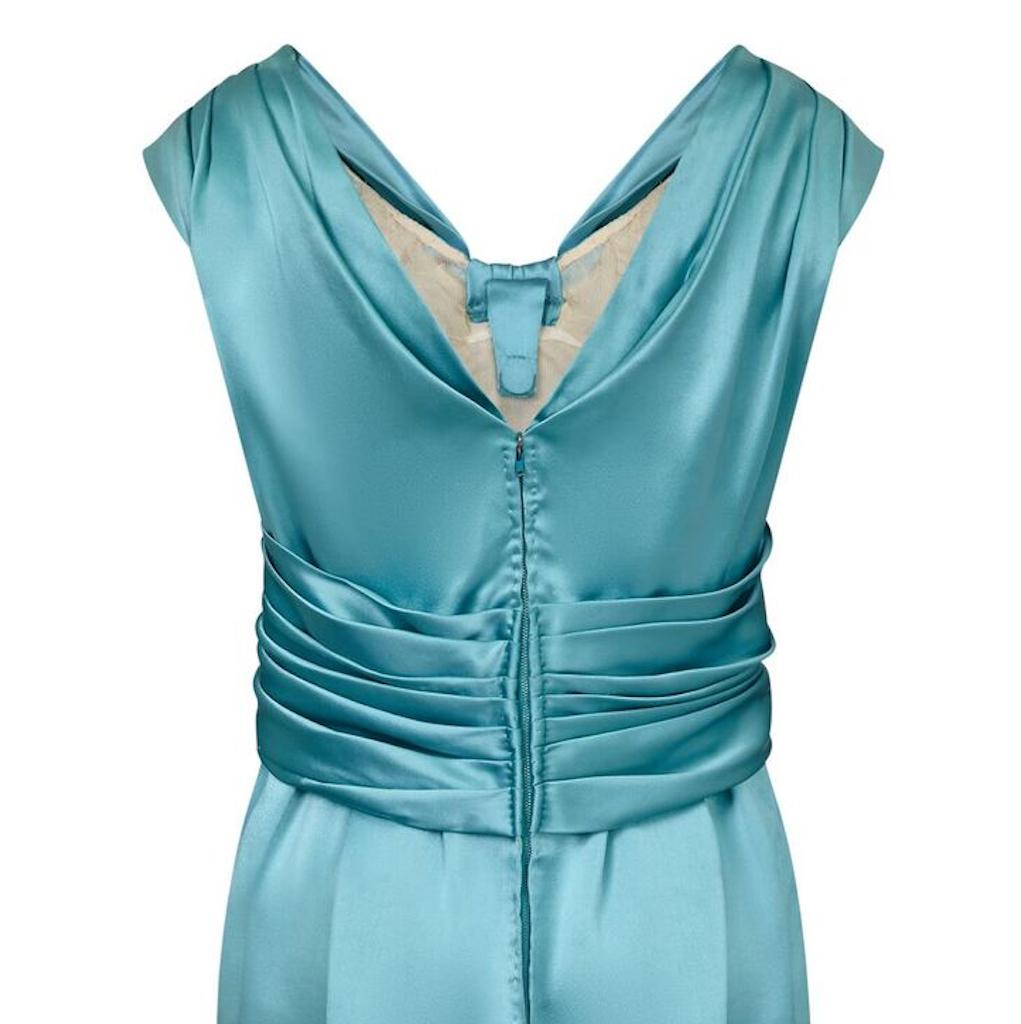 Blue Hardy Amis Couture 1950s Silk Satin Aquamarine Occasion Dress 