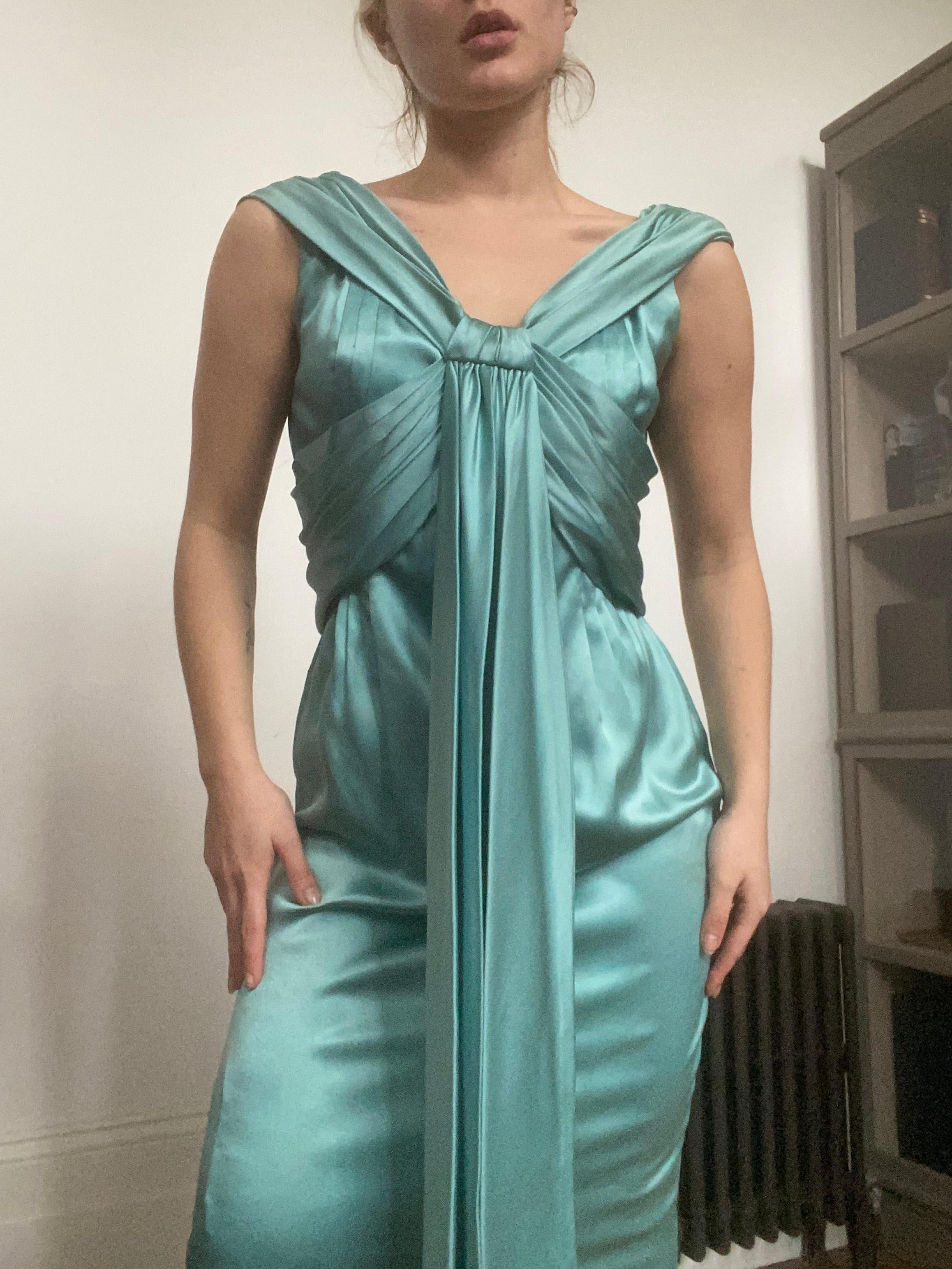 Blue Hardy Amies Couture 1950s Silk Satin Aquamarine Occasion Dress 