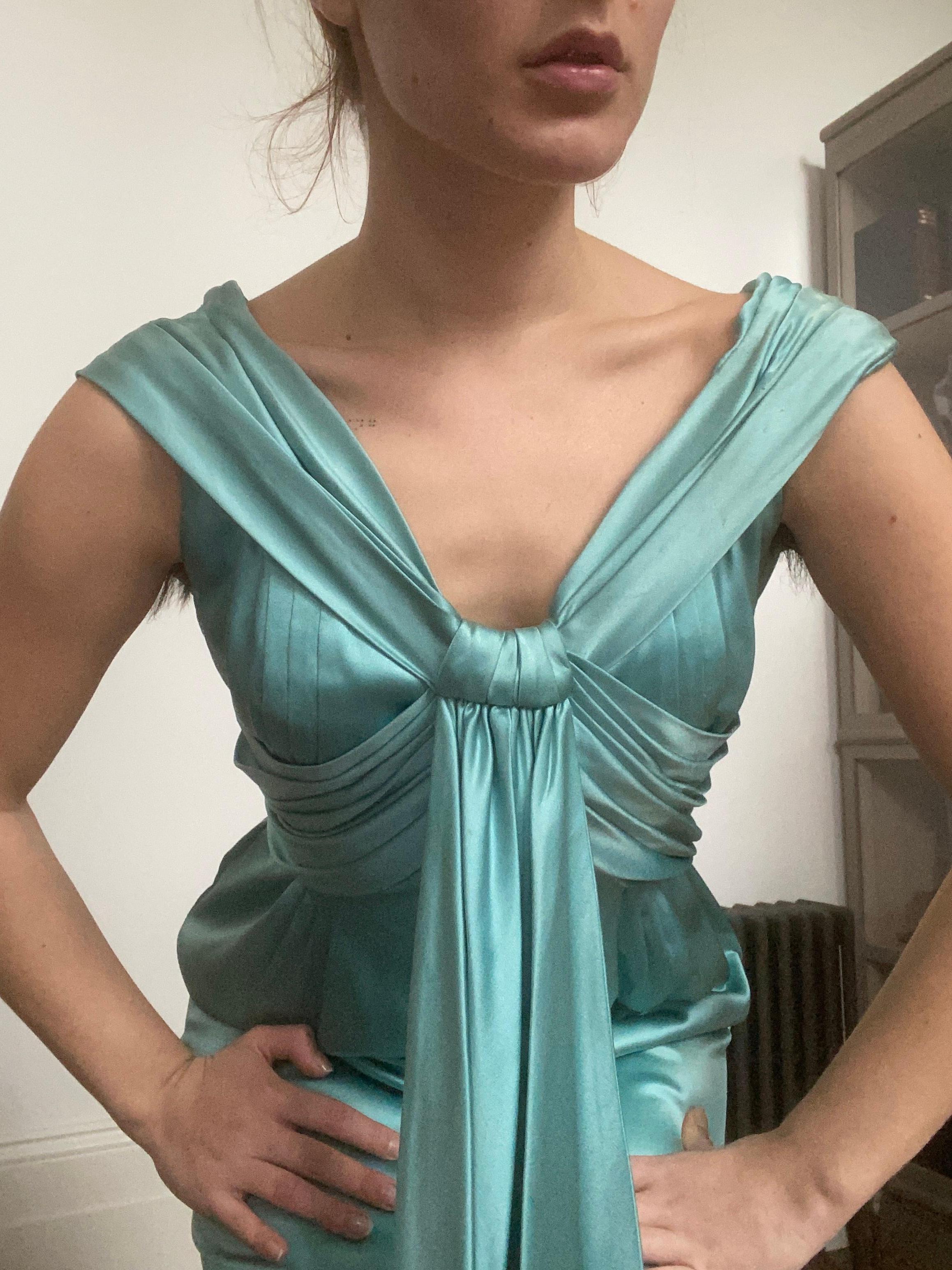 Hardy Amies Couture 1950s Silk Satin Aquamarine Occasion Dress  In Good Condition In London, GB