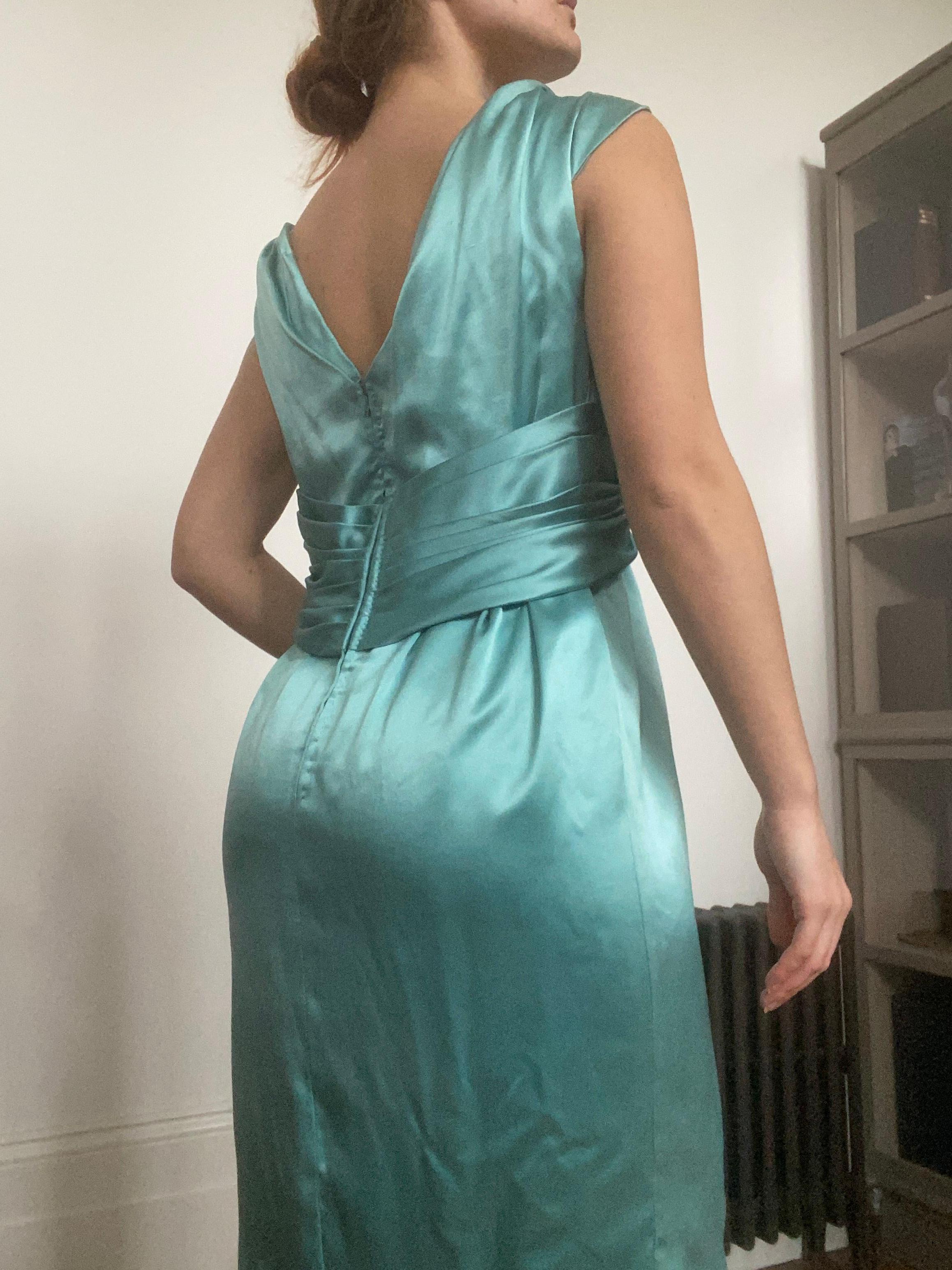 Women's Hardy Amies Couture 1950s Silk Satin Aquamarine Occasion Dress 