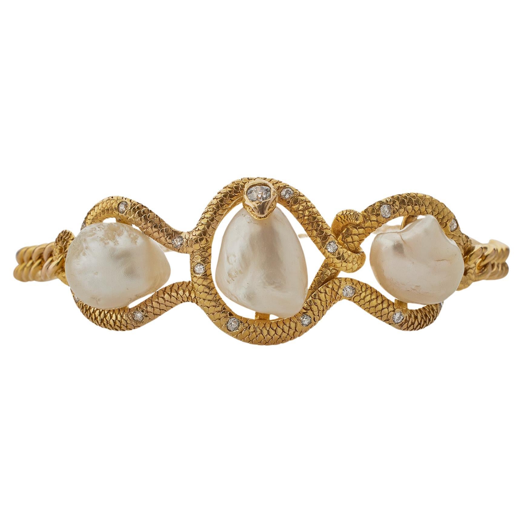 Hardy & Hayes Antique Baroque Pearl and Diamond Snake Bracelet For Sale