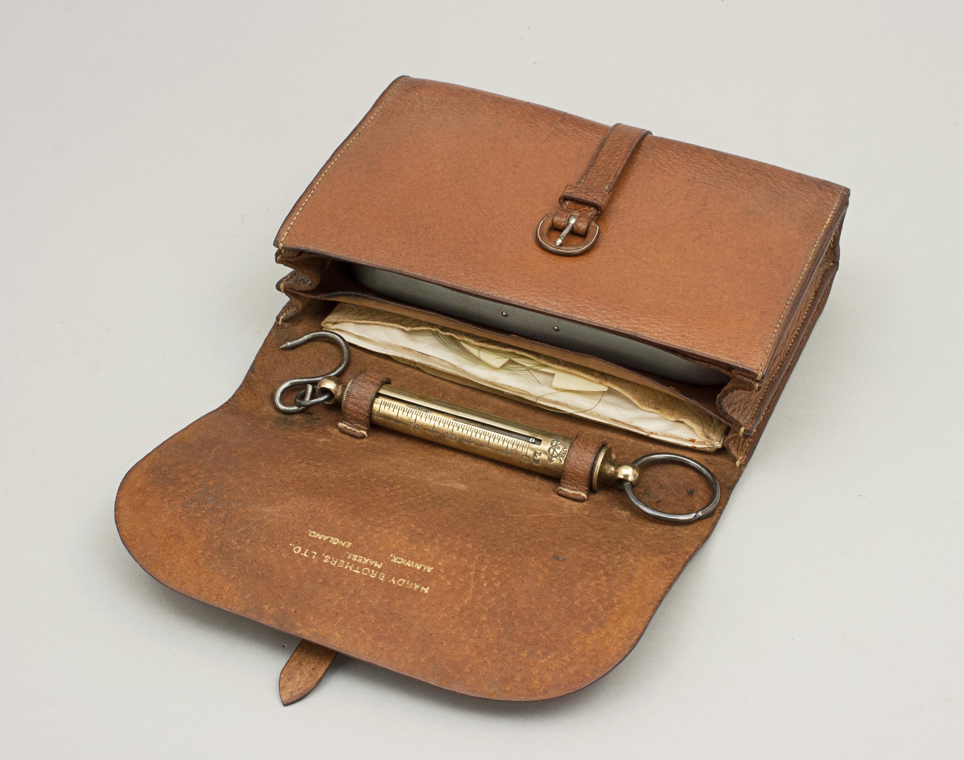 Hardy's fishing tackle wallet.
A great leather pigskin fishing tackle wallet the 'Allinone' made by the famous fishing tackle company Hardy of Alnwick. The case is embossed with gilt writing 'Hardy Brothers Ltd., Makers, Alnwick, England'. There is
