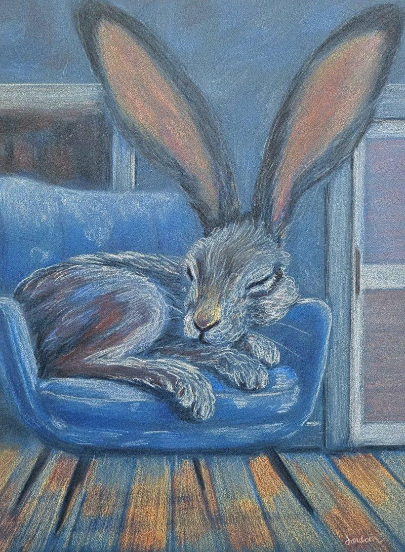 CLOSING SALE - ART: Signiert Hare in Chair Original Aquarell Original Aquarell 
*****HINWEIS: UNSER 1ST DIBS SHOP SCHLIESST ENDE MAI*****
Dies ist eine friedliche, aquarellierte Bleistiftzeichnung auf schwerem, archiviertem Pastellpapier. Es misst
