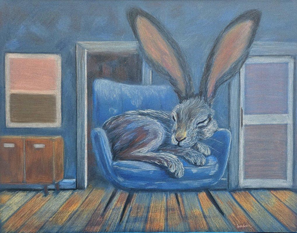 CLOSING SALE - ART: Signiert Hare in Chair Original Aquarell Original Aquarell im Angebot 2