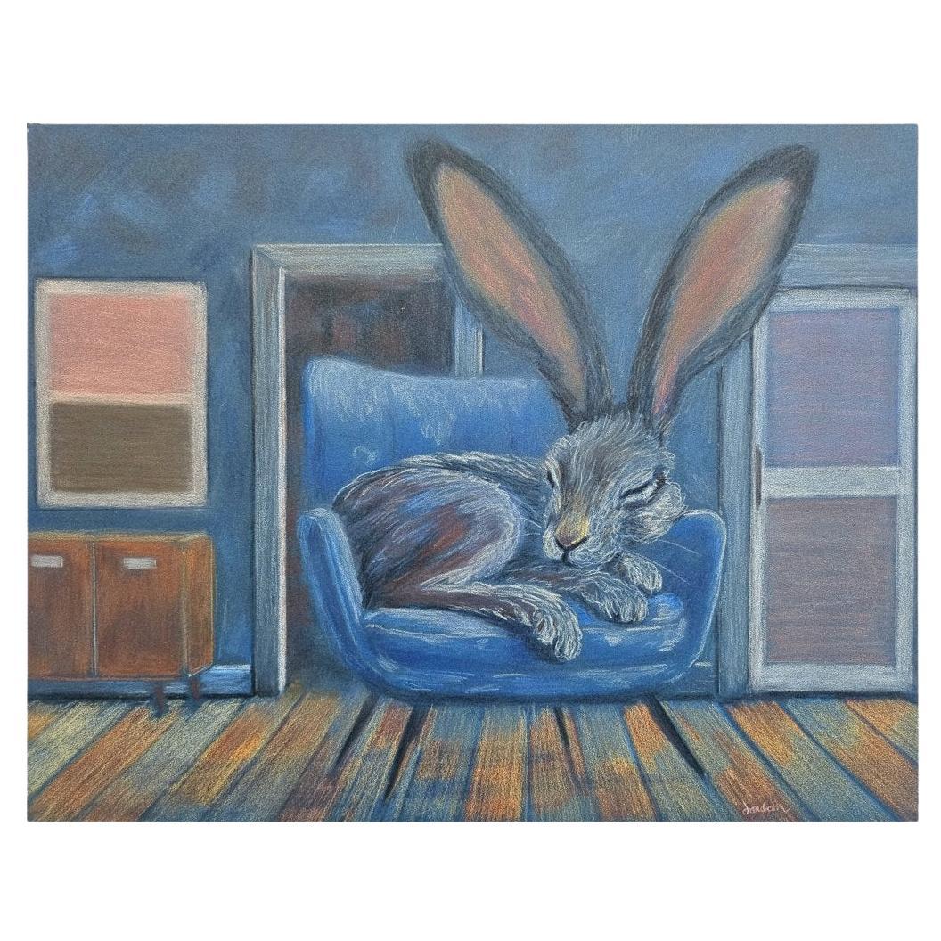 ART: Signed Giant Hare in a Blue Chair Original Watercolor