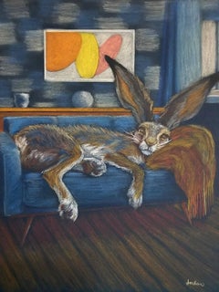 ART: Hare in Repose on a Blue Mid-Century Modern Couch, Signed Original Art