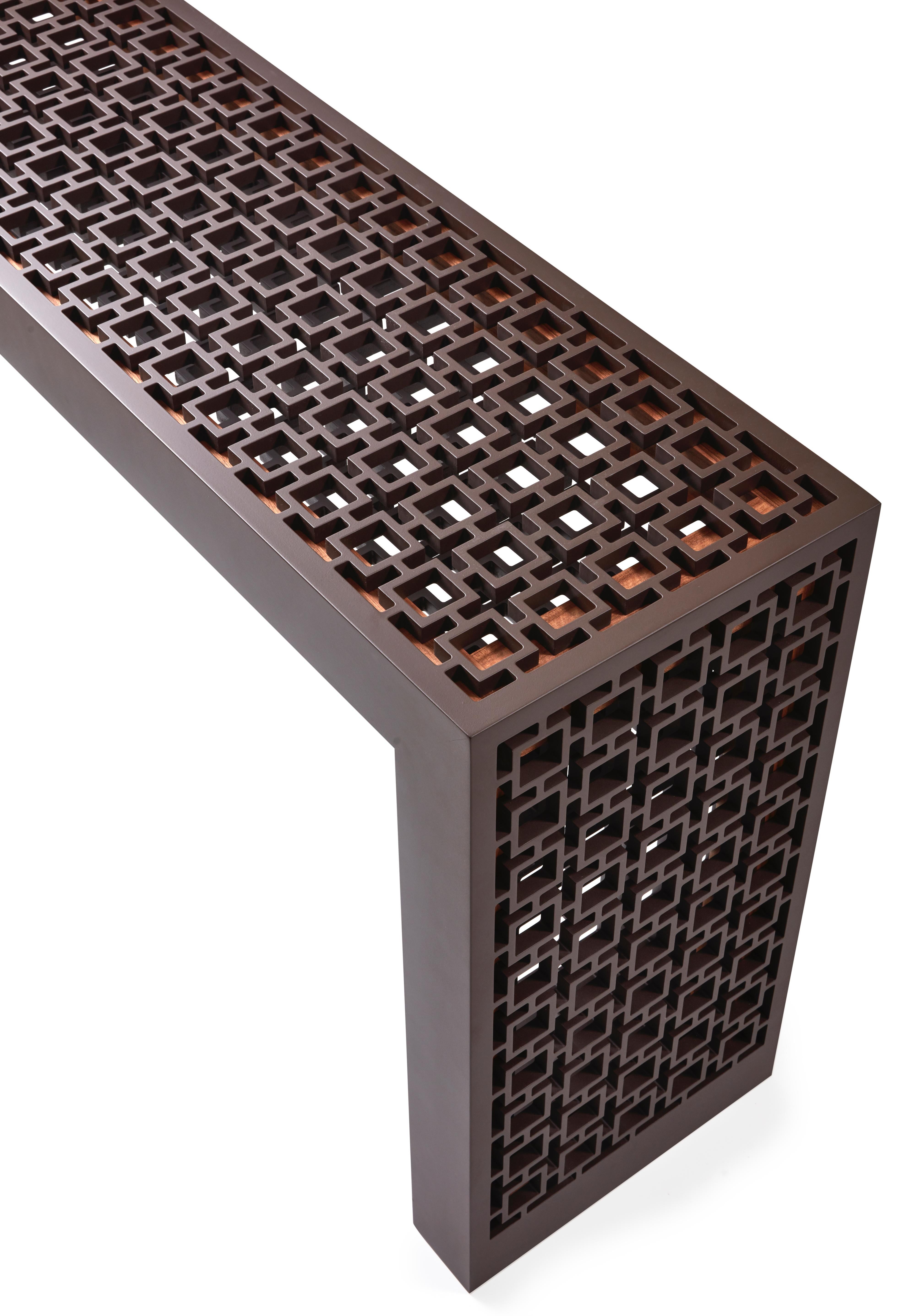 Modern Harem Console, Geometric Patten Carved Design in Black Lacquer Console For Sale