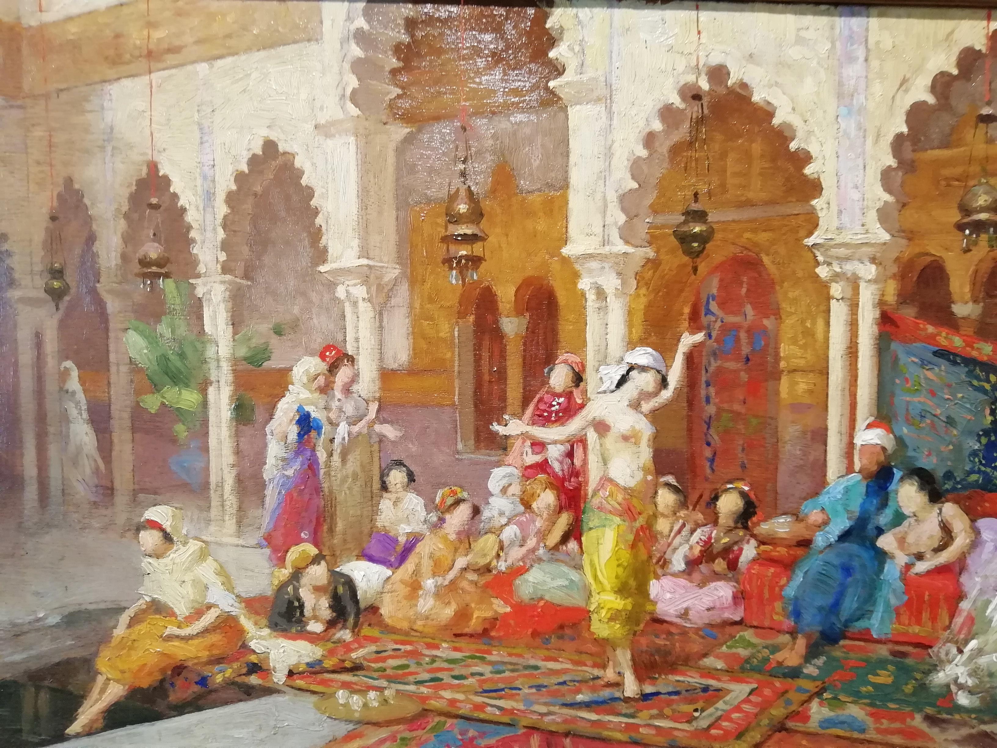Oiled Harem, Giulio Rosati Oil on Wood Orientalism 19th Century Italian Painting For Sale