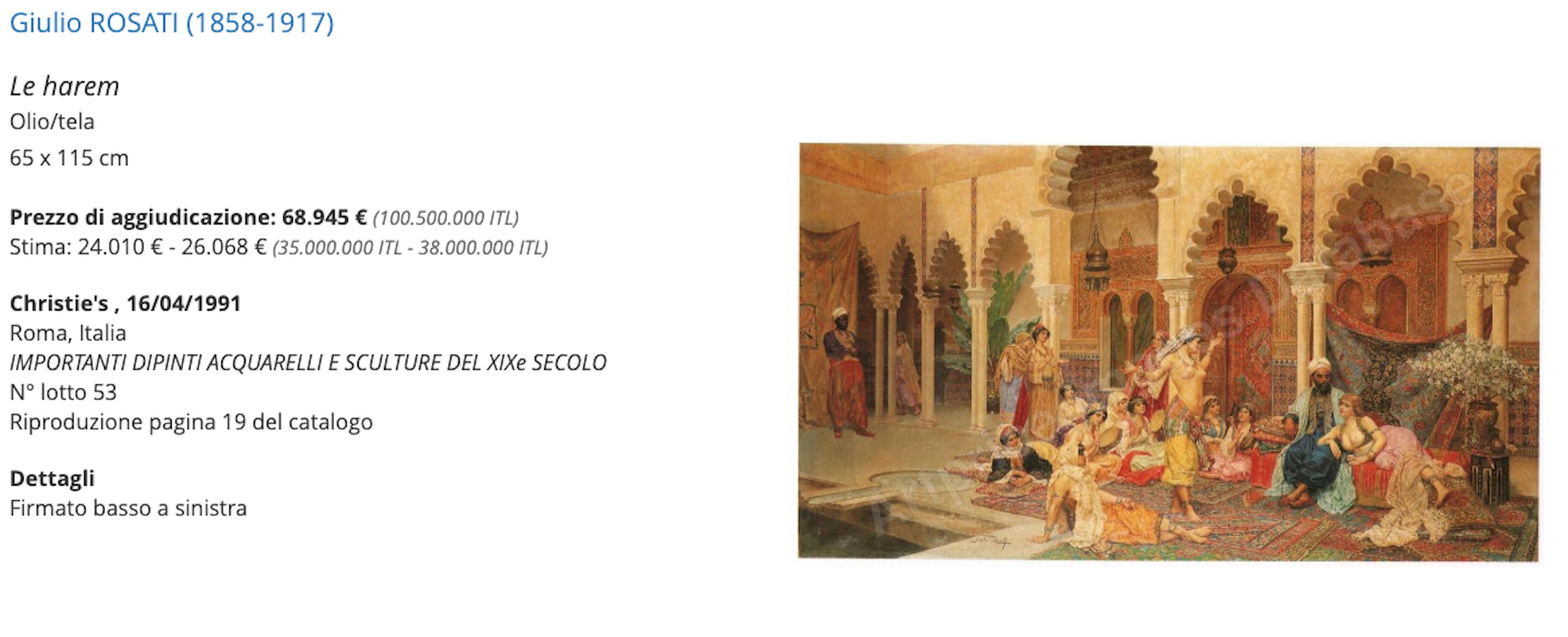 Late 19th Century Harem, Giulio Rosati Oil on Wood Orientalism 19th Century Italian Painting For Sale