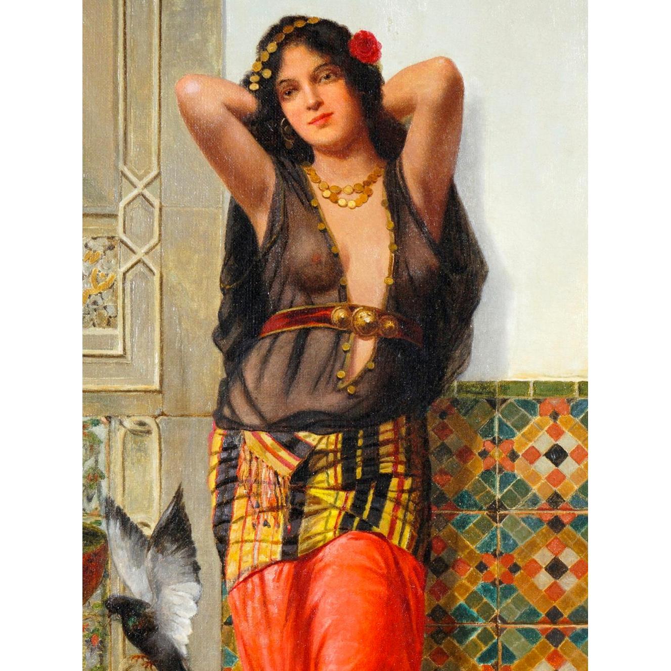 A fine oil painting depicting a figure of a harem woman wearing a sheer top in courtyard with pigeons and fountain. 

Artist: Vincent G. Stiepevich (1841-1910) 
Origin: Russian
Date: 19th century
Signature: Signed L/R
Medium: Oil on