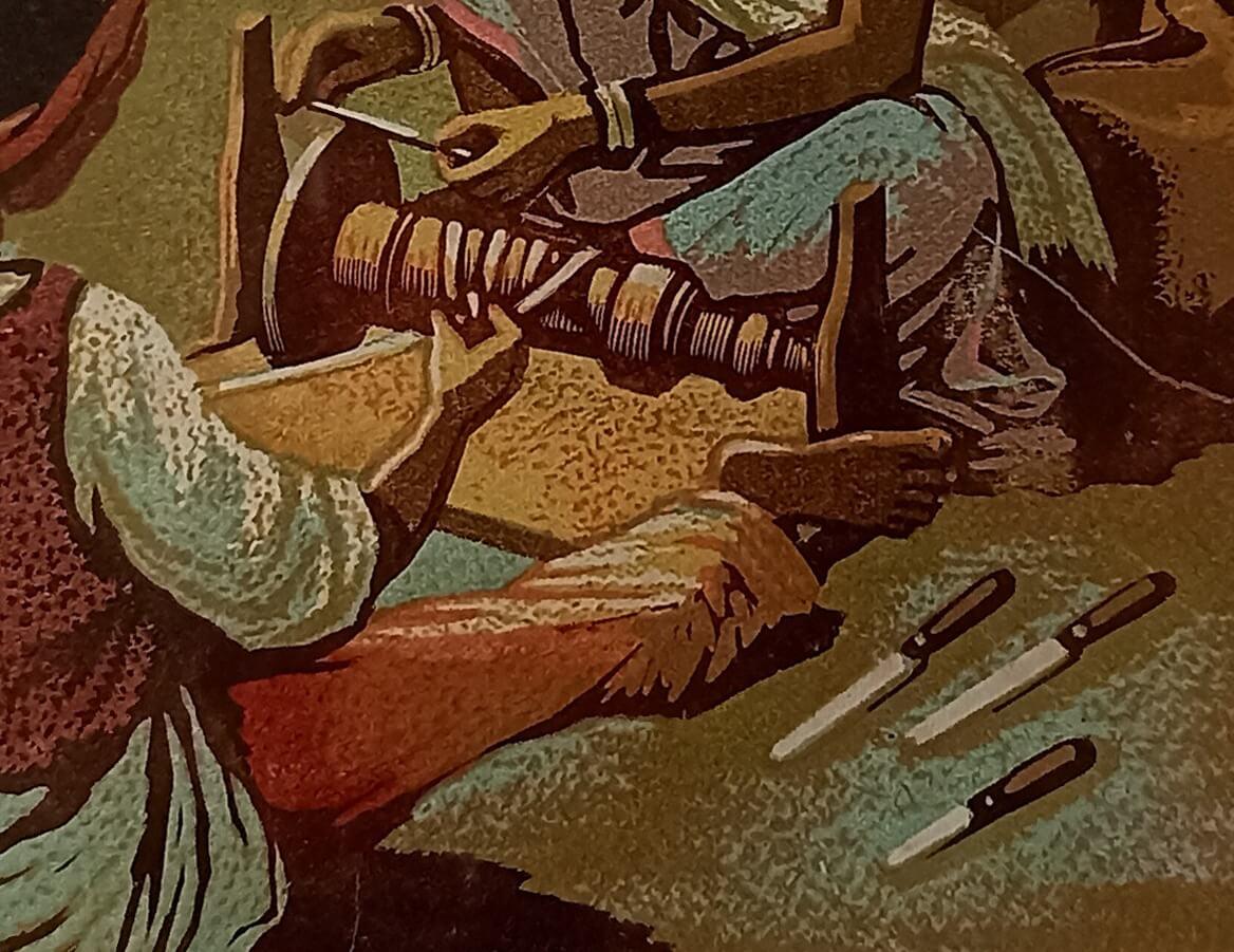 Moulin à couteaux, figuratif, découpe de bois en couleur sur papier, de l'artiste Haren Das « en stock » en vente 2