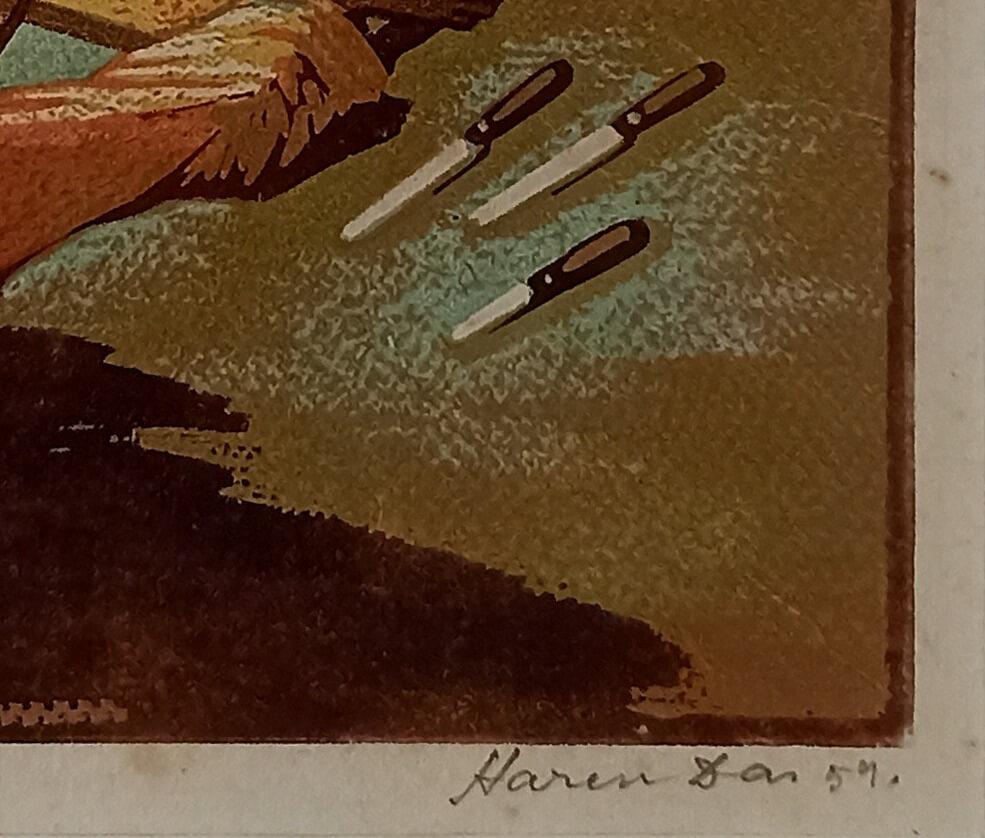 Moulin à couteaux, figuratif, découpe de bois en couleur sur papier, de l'artiste Haren Das « en stock » en vente 4