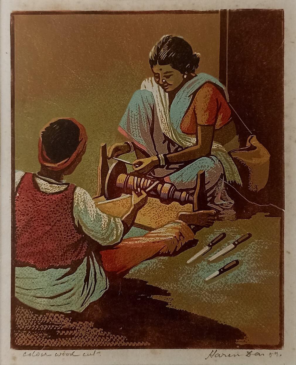 Haren Das - Broyeur de couteaux
Bois coloré découpé sur papier
8,1 x 6,4 pouces
1995
( Non encadré et livré )

Né à Diptych Fine Arts, dans l'actuel Bangladesh, le 1er février 1921, Das a obtenu un diplôme en beaux-arts, avec une spécialisation en