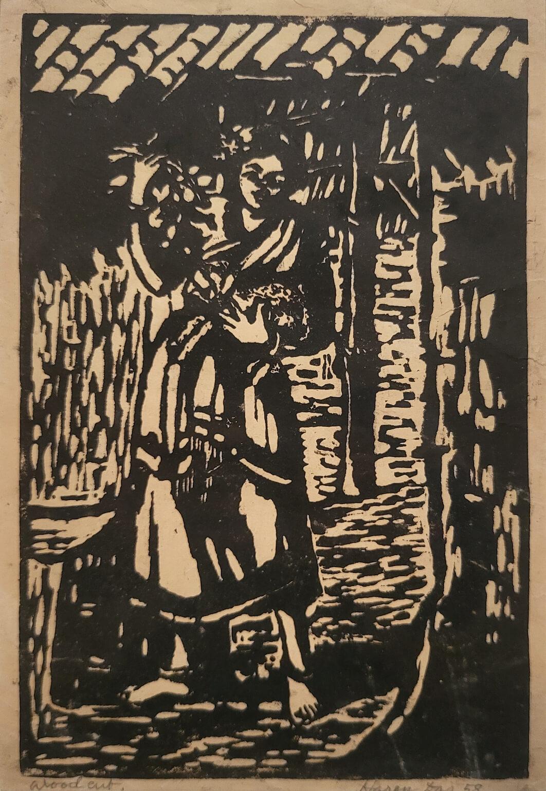 Return from the market, Woodcut on Paper, Figurative by Haren Das "In Stock"