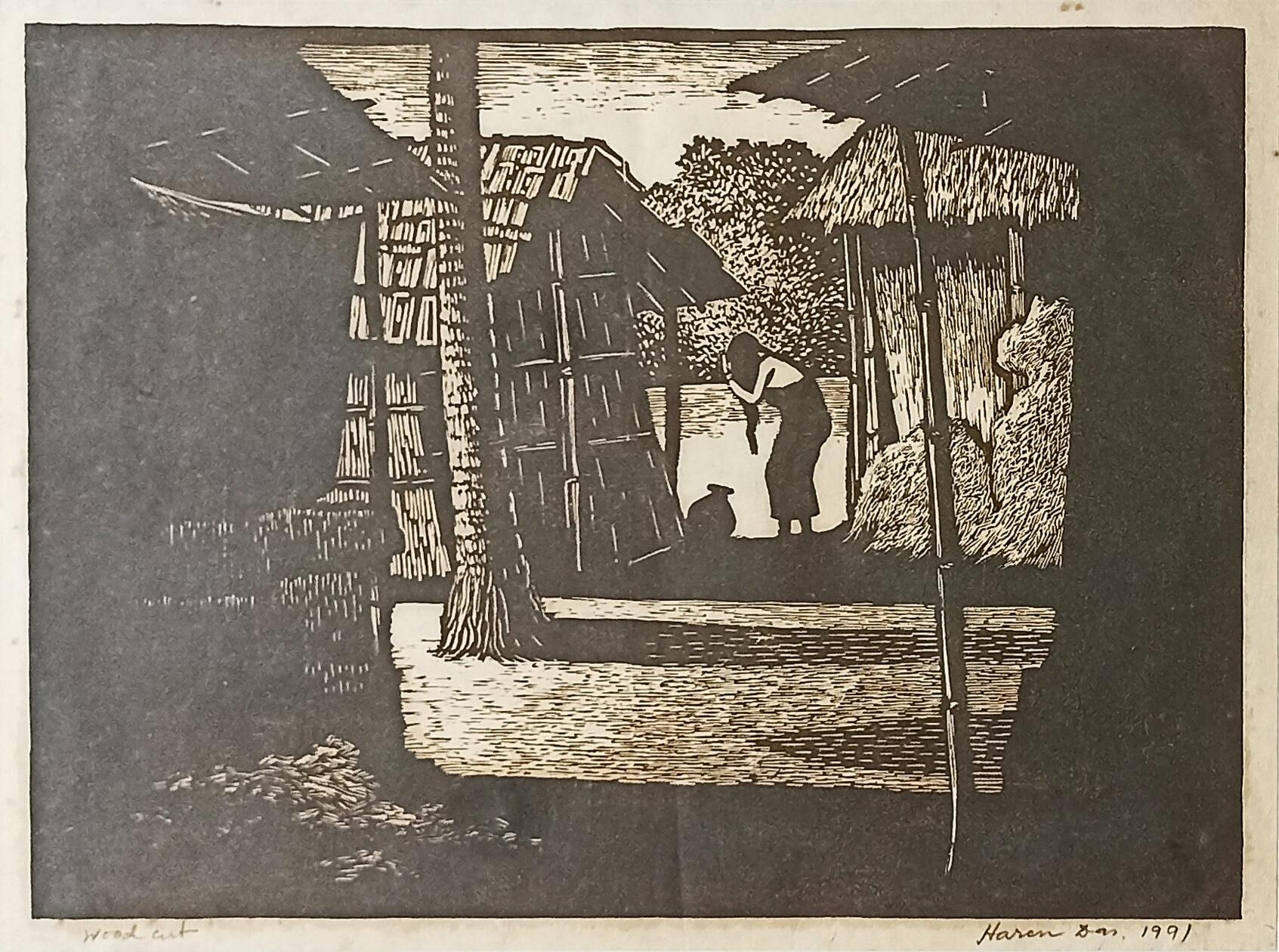 Haren Das - Untitled
Woodcut on Paper
12.28 x 9 inches, 1991
( Unframed & Delivered )

This 1991 print by Haren Das beautifully captures a serene rural scene with fine detailing and masterful use of light and shadow. Known for his skill in