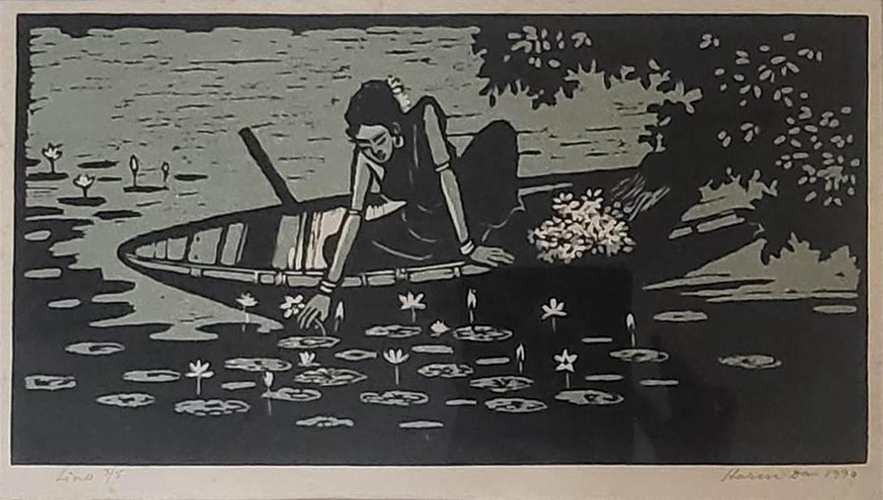 Water Lily, édition 3/5, figurative, linogravure sur papier de Haren Das « En stock »