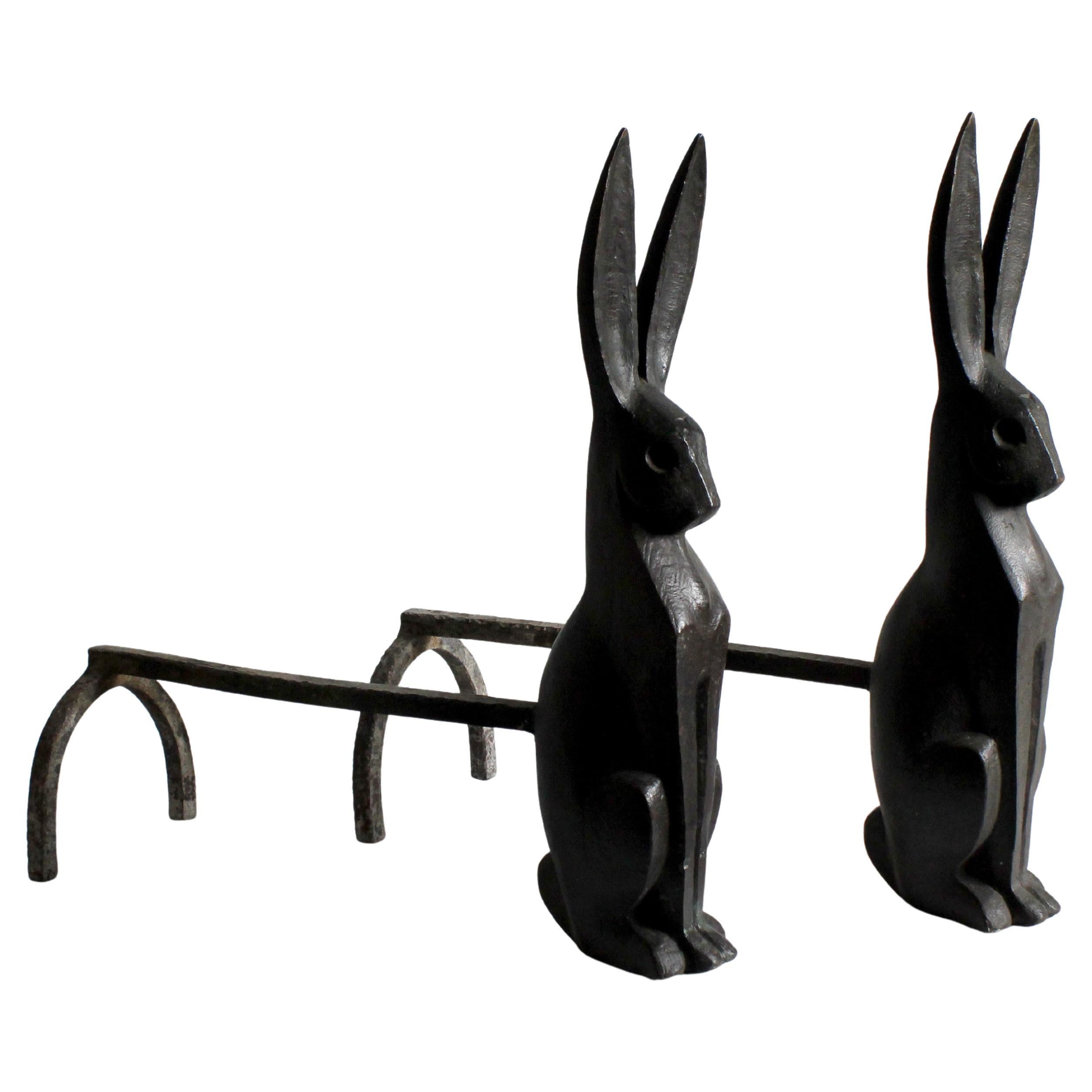 "Hares" Fireplace andirons in blued bronze and wrought iron - 20th century For Sale