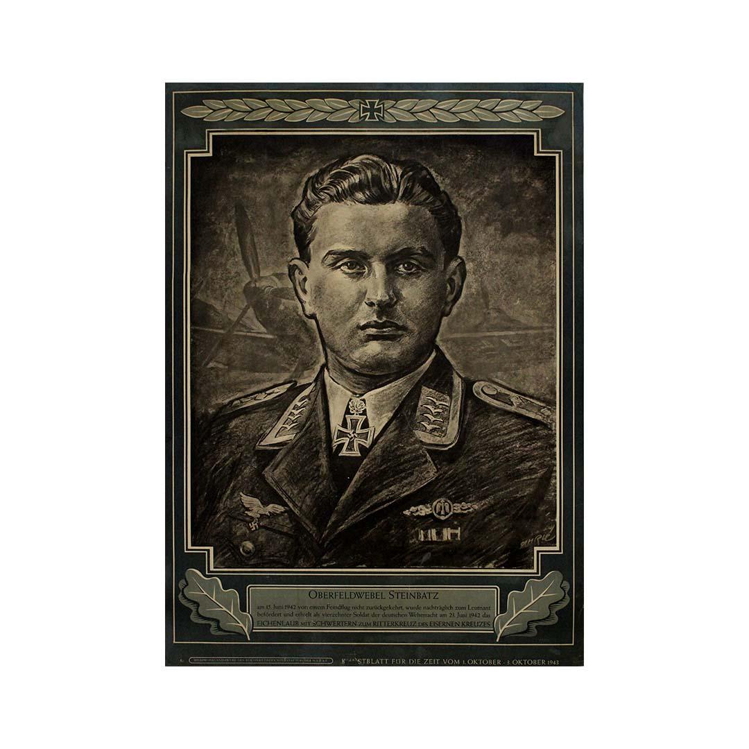 This original 1943 German wartime poster, published in the Kunstblatt für die Zeit, depicts Oberfeldwebel Friedrich Steinbatz, a highly decorated Luftwaffe pilot during World War II. Created by the artist Hari, the portrait commemorates Steinbatz's