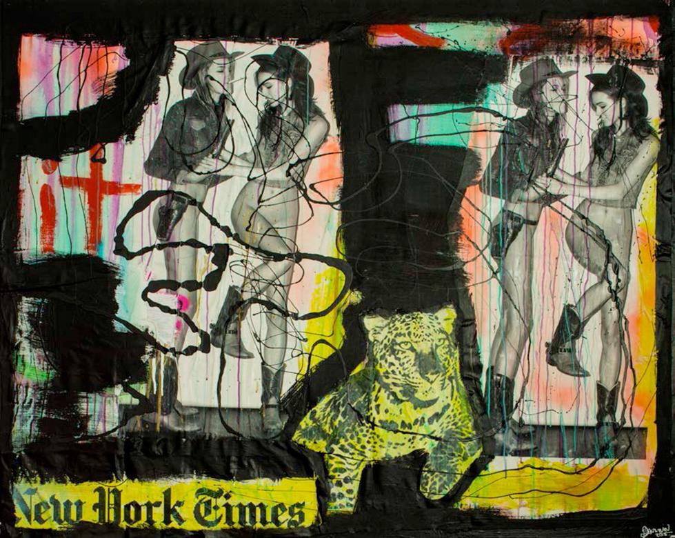 Energetic, vibrant, and provocative, Guzman’s work is a fusion of pop and street art. An ensemble of collage and paint on panel, this work examines the commodification of sex appeal with an urban sensibility. 

Harif Guzman was born in Venezuela in