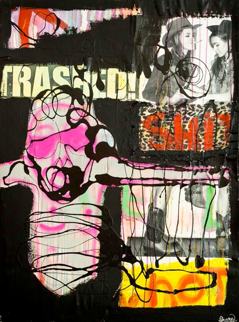 Harif Guzman Figurative Painting - "Trashed, " Mixed Media on Wood Panel- Graffiti Art Collage, Contemporary Art