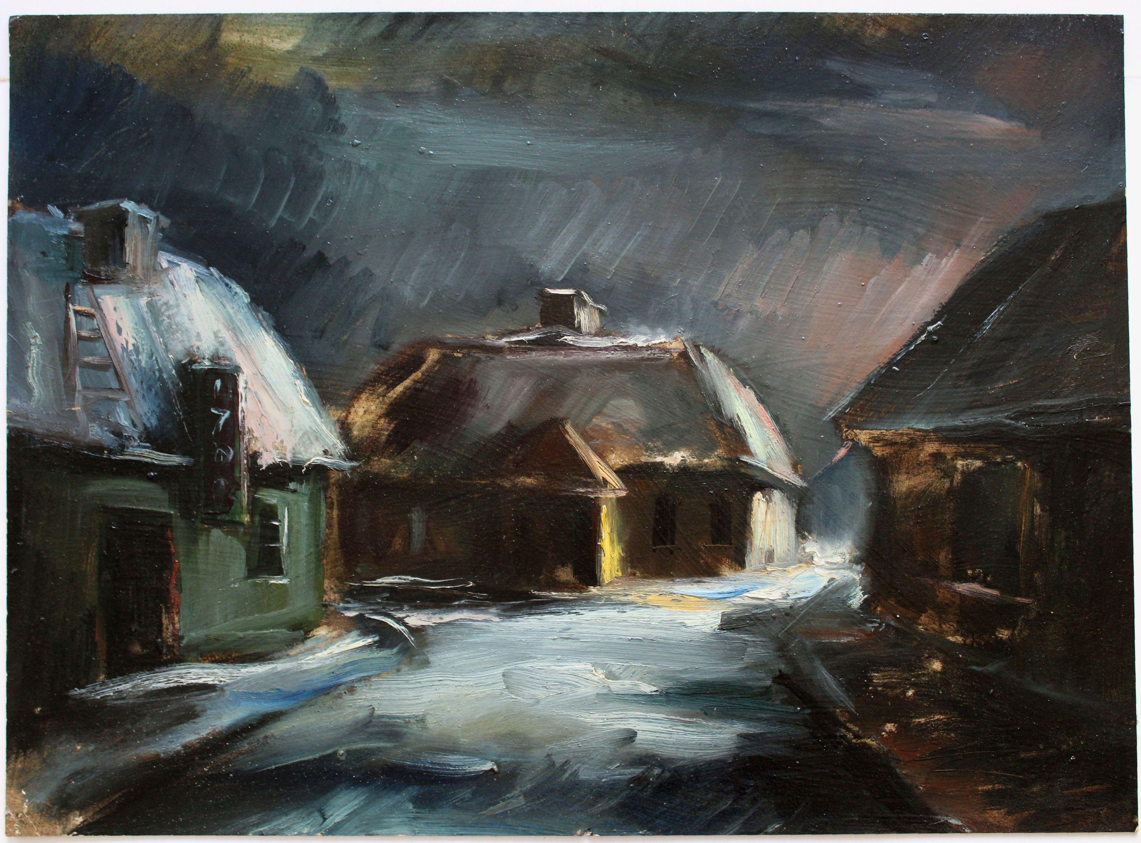 Bauernhof im Winter. Mitte der 1940er Jahre, Öl auf Karton, 52x70 cm (Impressionismus), Painting, von Harijs Veldre