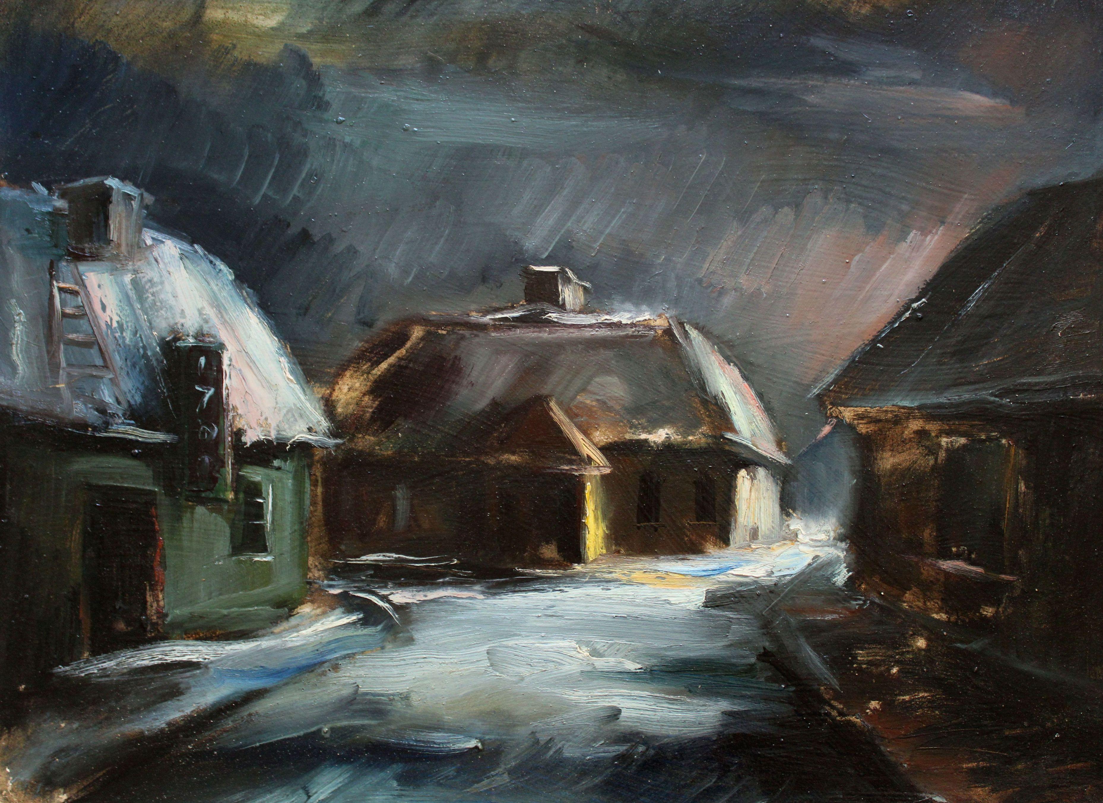 Bauernhof im Winter. Mitte der 1940er Jahre, Öl auf Karton, 52x70 cm – Painting von Harijs Veldre