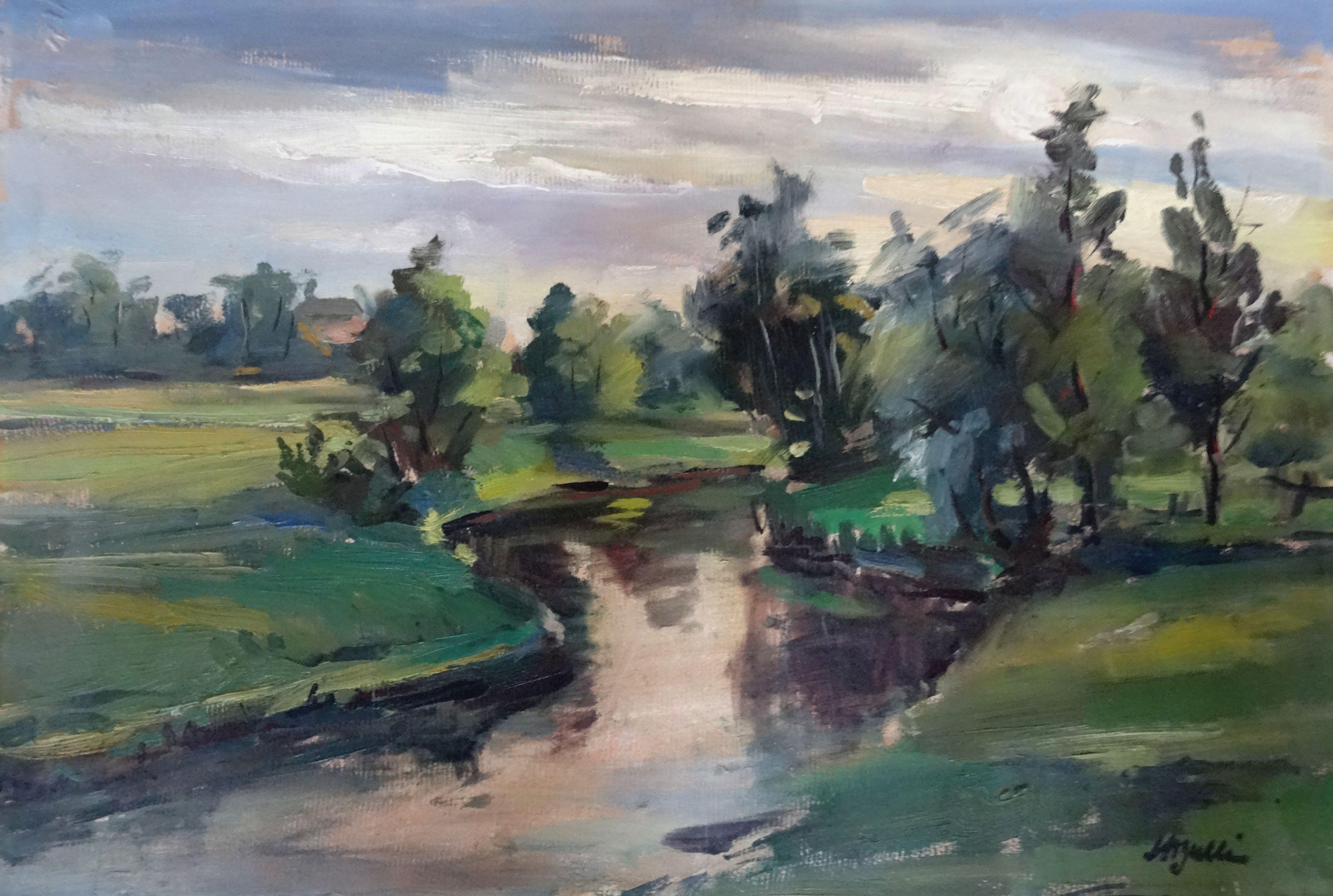 Paysage avec une rivière. 1947. Huile sur carton, 50x72 cm - Painting de Harijs Veldre