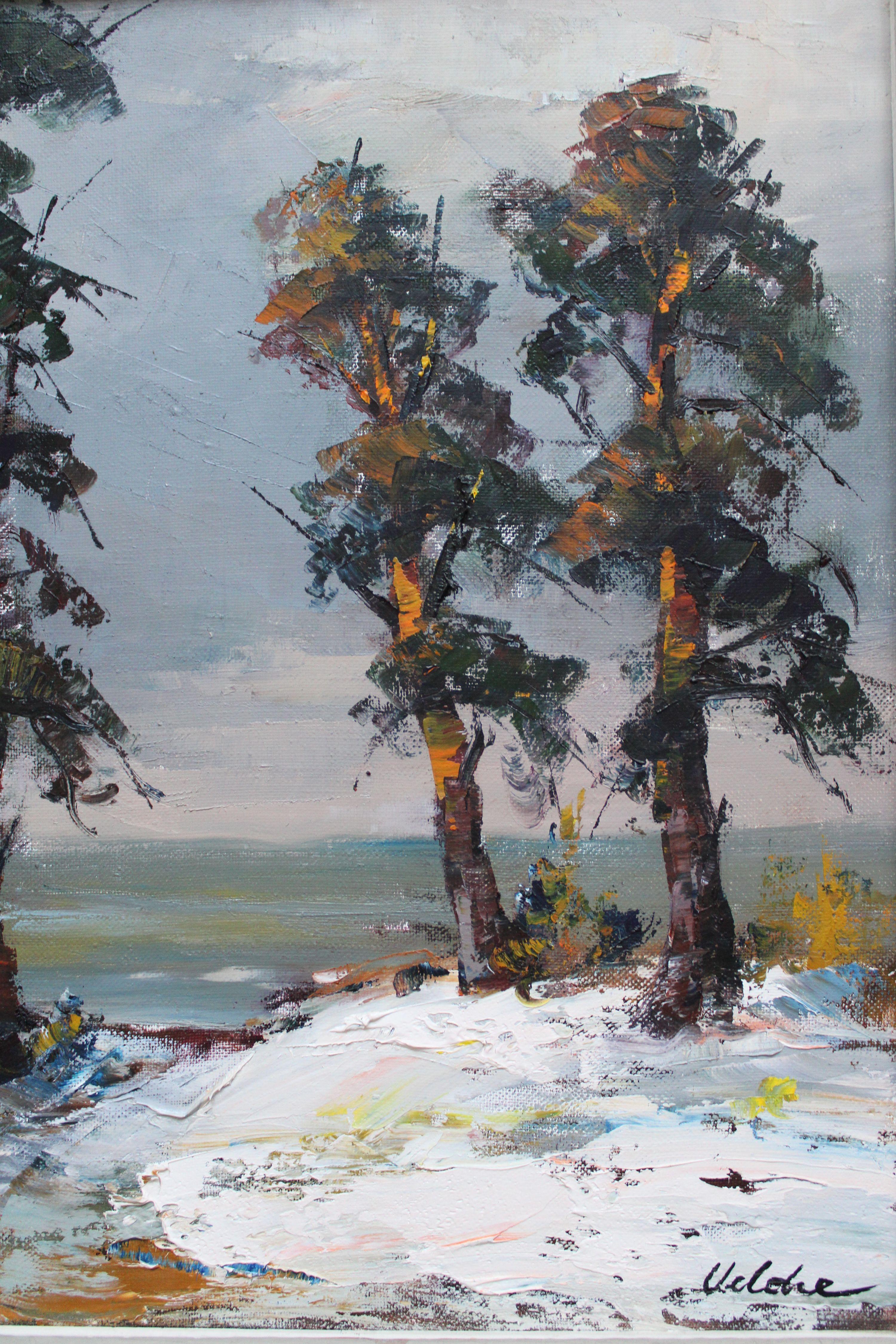 Lapmezhciems Kiefern (Grau), Landscape Painting, von Harijs Veldre