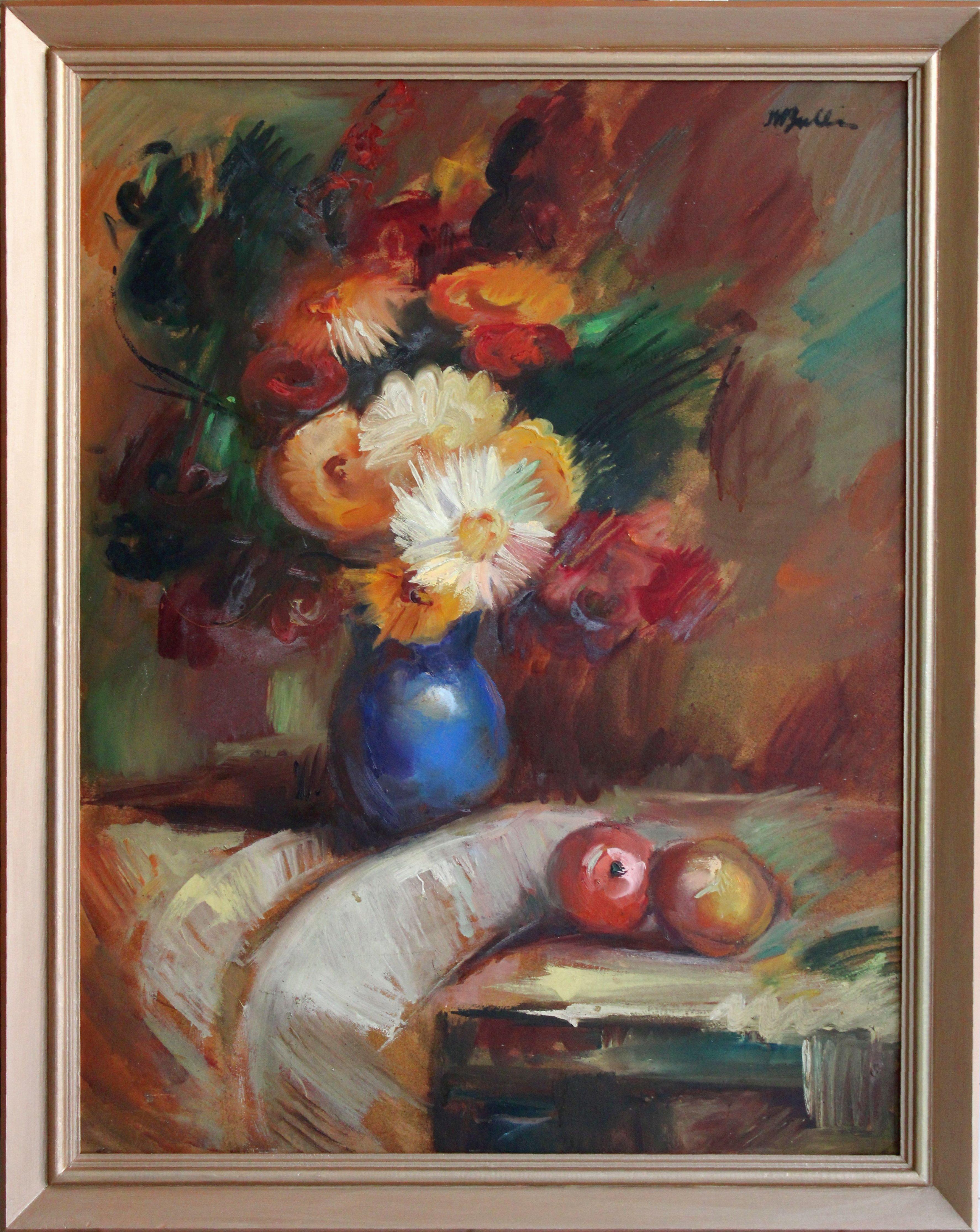 Naturaleza muerta con un ramo de flores y manzanas. Años 40, cartón, óleo, 90x69 cm - Painting Impresionista de Harijs Veldre