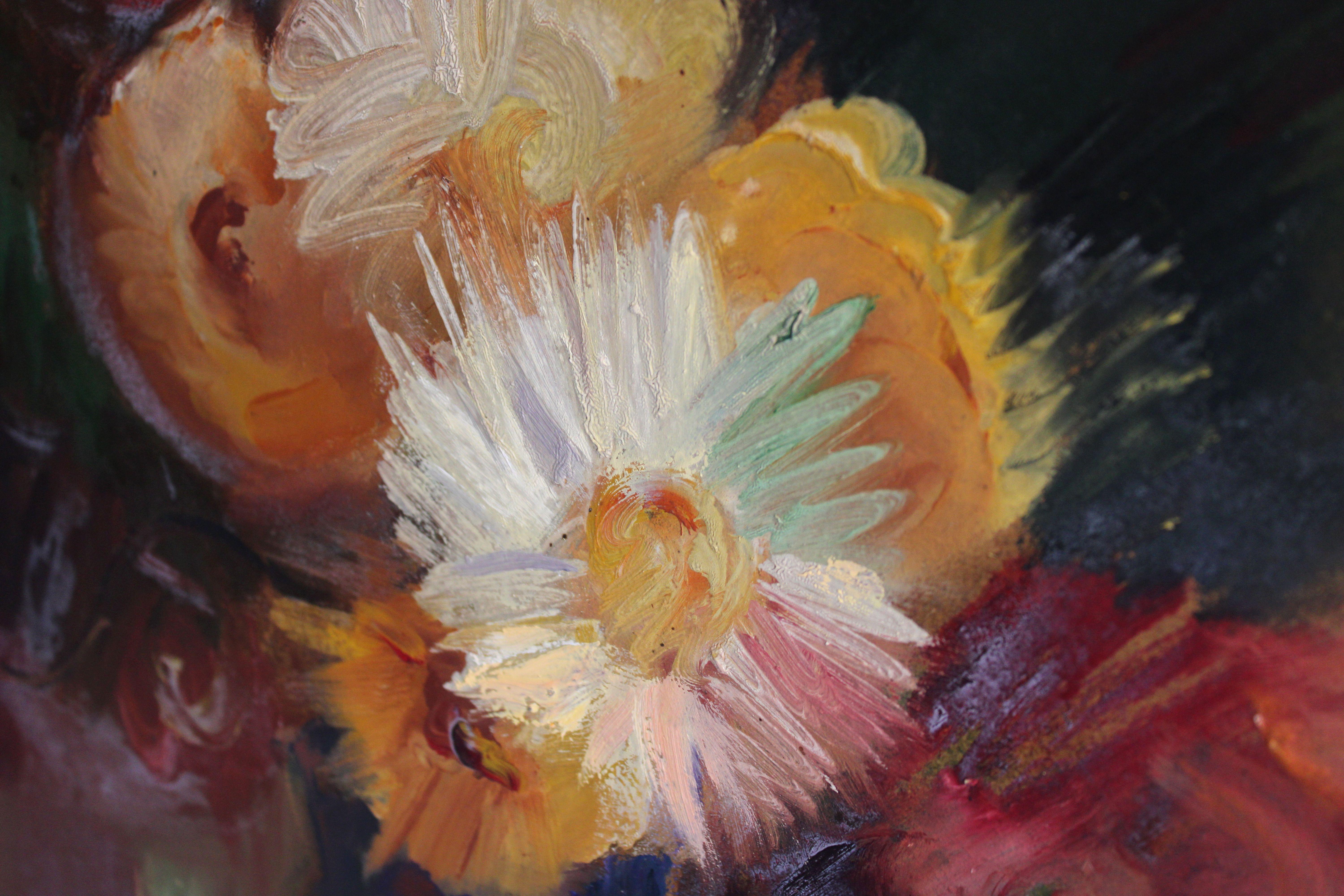 Naturaleza muerta con un ramo de flores y manzanas. Años 40, cartón, óleo, 90x69 cm en venta 2