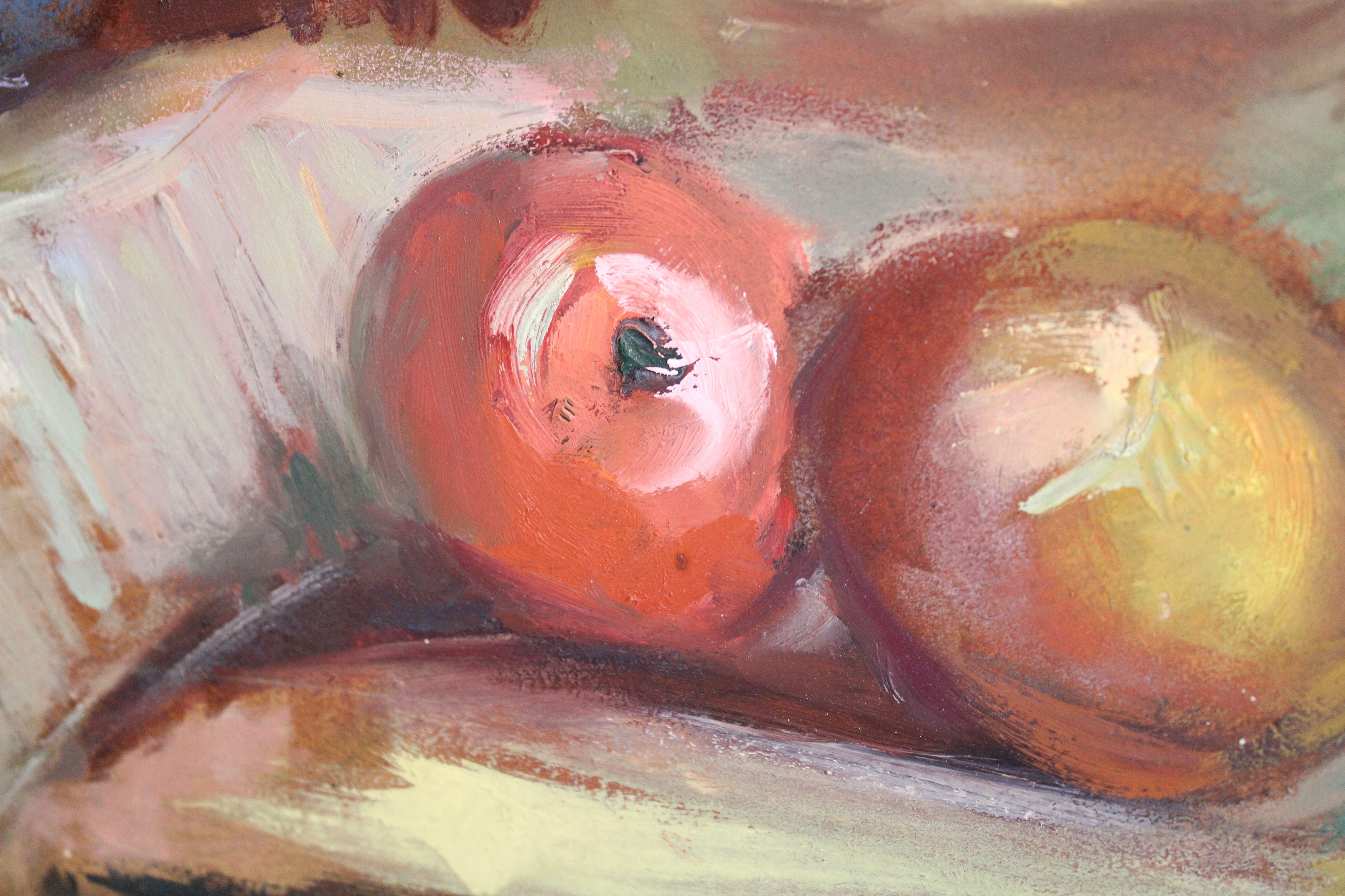 Naturaleza muerta con un ramo de flores y manzanas. Años 40, cartón, óleo, 90x69 cm en venta 3