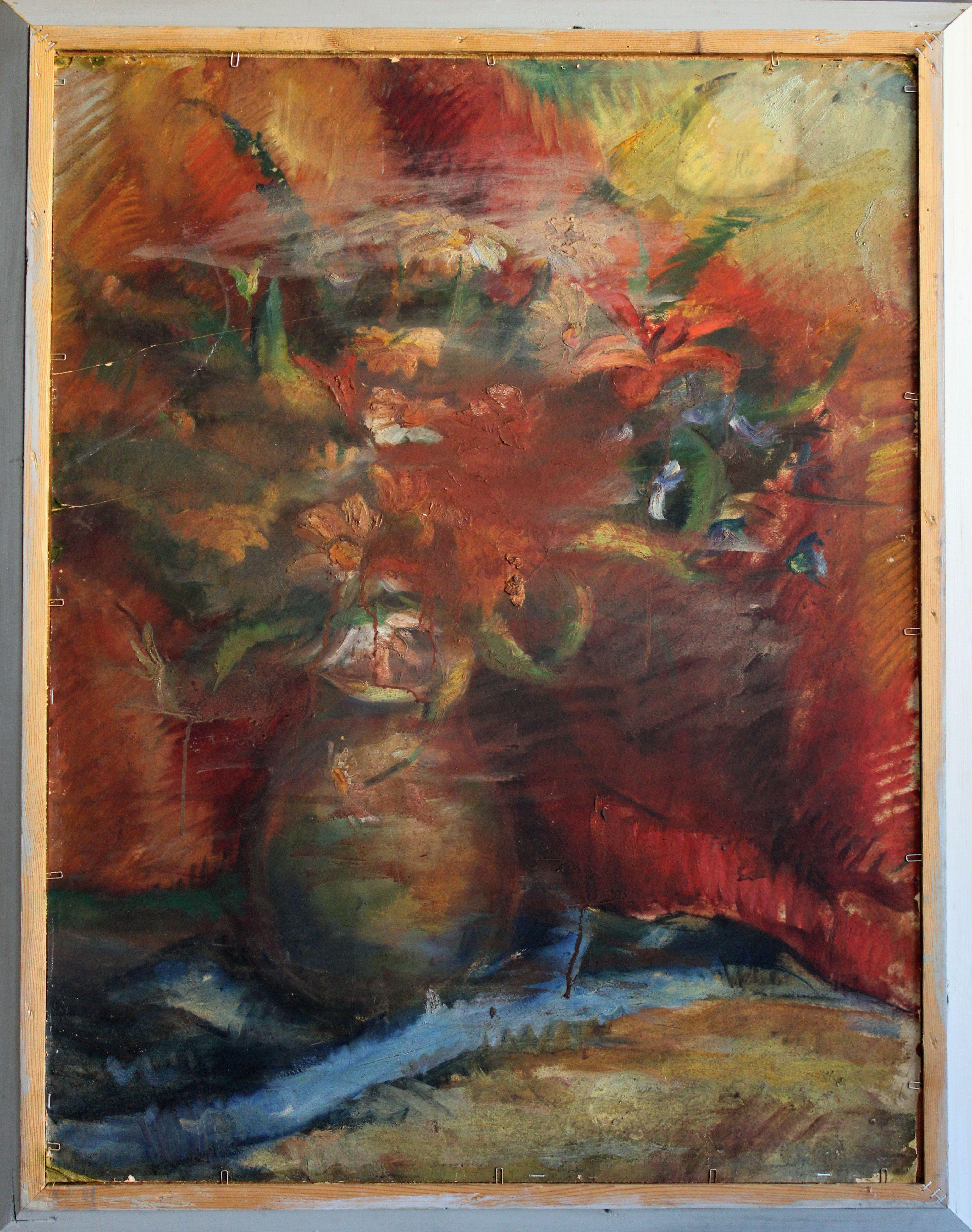 Naturaleza muerta con un ramo de flores y manzanas. Años 40, cartón, óleo, 90x69 cm en venta 7