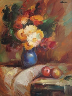 Nature morte avec un bouquet de fleurs et des pommes. Années 1940, carton, huile, 90x69 cm