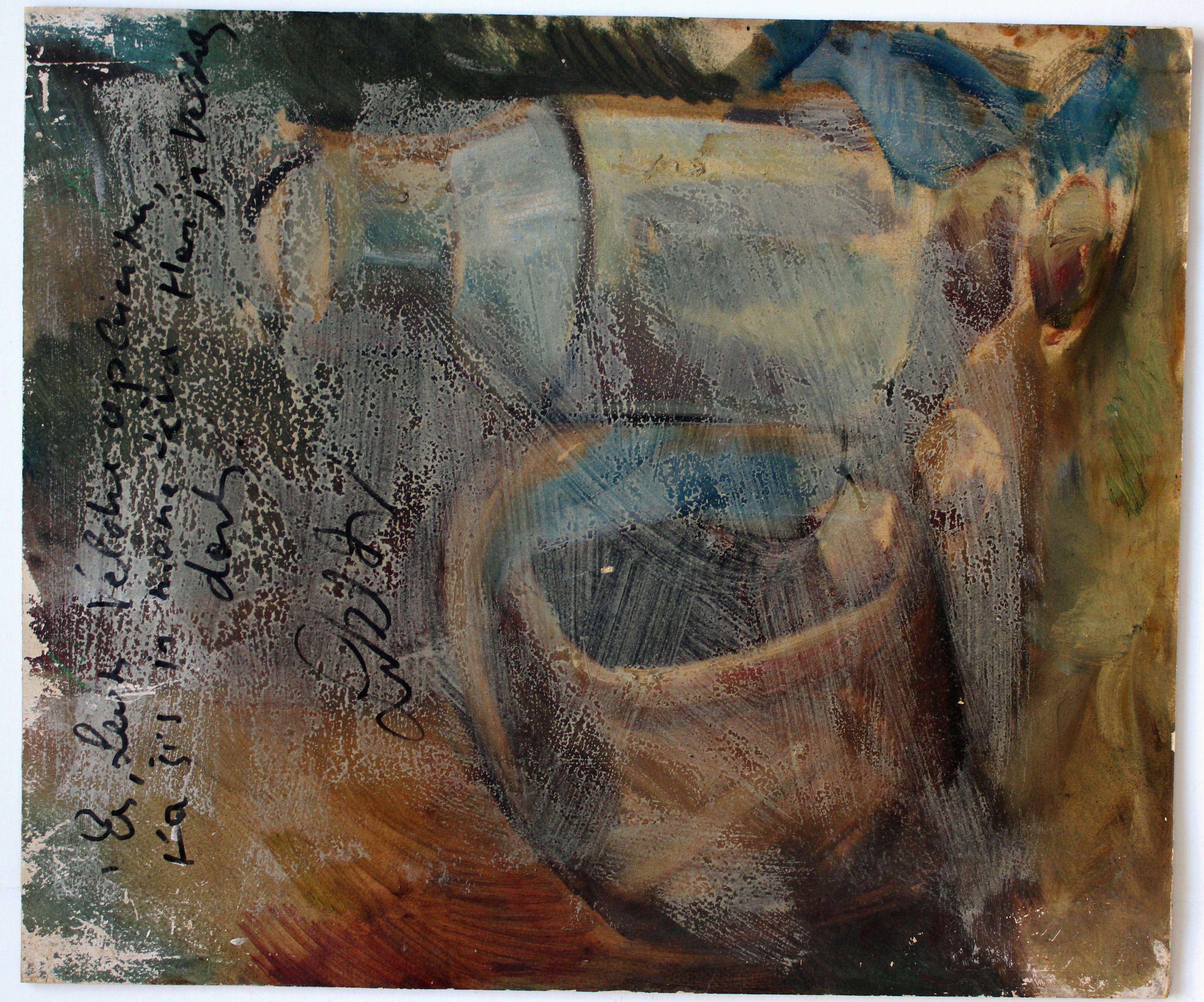 Natura morta con vaso di ceramica. Metà degli anni '40, olio su cartone, 60x51 cm in vendita 5