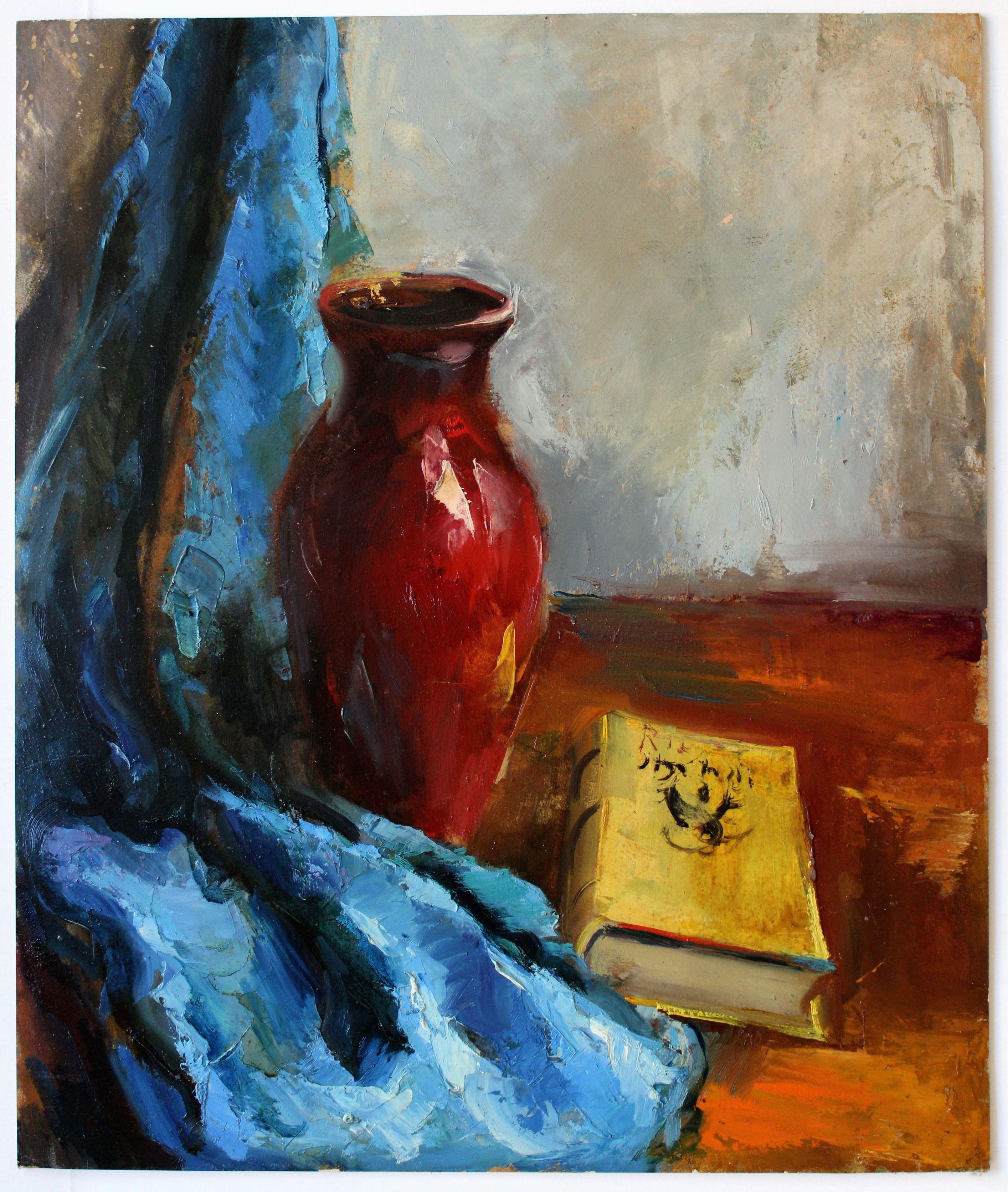 Natura morta con vaso di ceramica. Metà degli anni '40, olio su cartone, 60x51 cm - Painting di Harijs Veldre