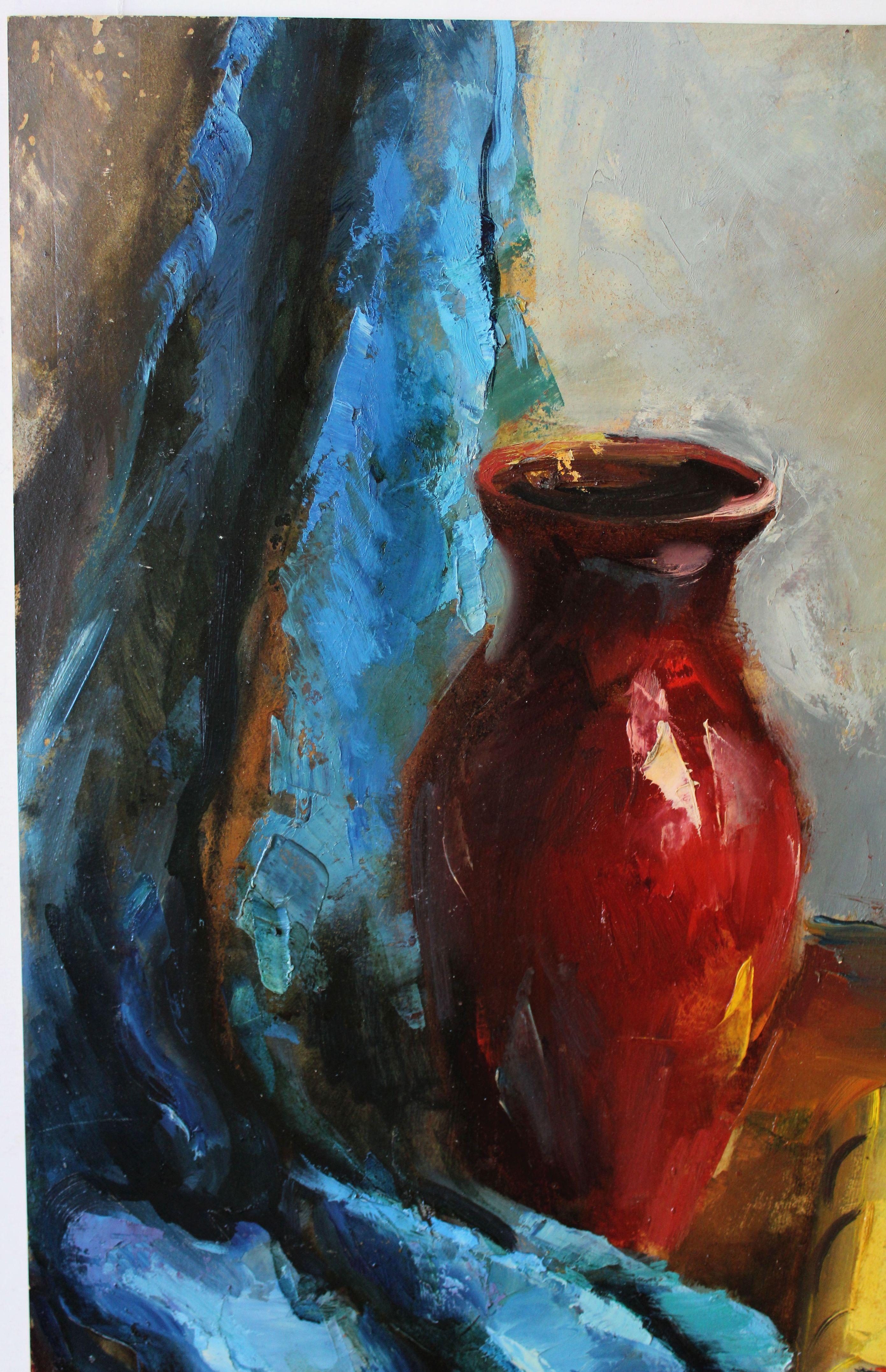 Natura morta con vaso di ceramica. Metà degli anni '40, olio su cartone, 60x51 cm in vendita 4
