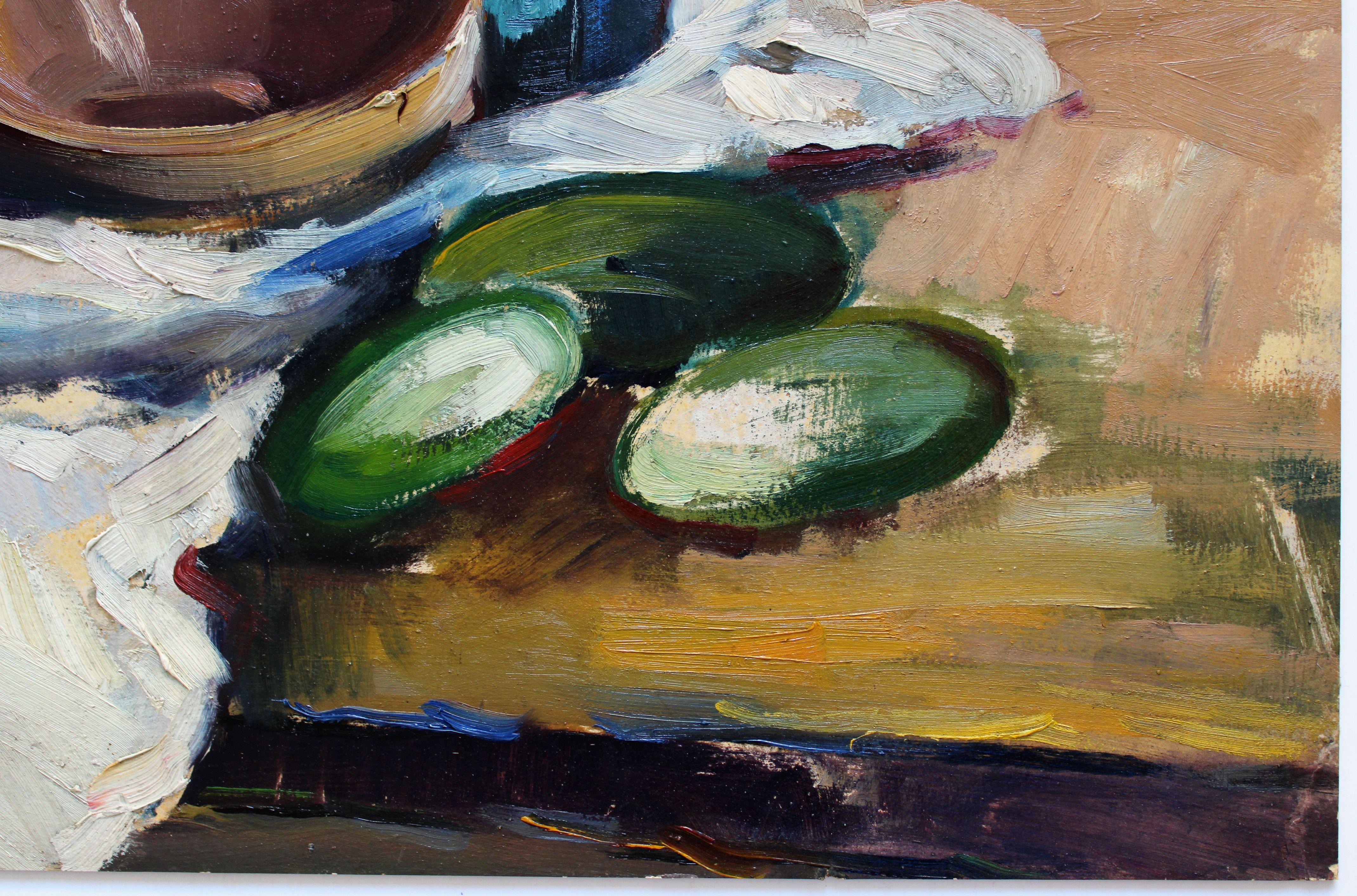 Stillleben mit Gurken und Borjomi. 1940er Jahre, Öl auf Karton, 51x66cm im Angebot 5
