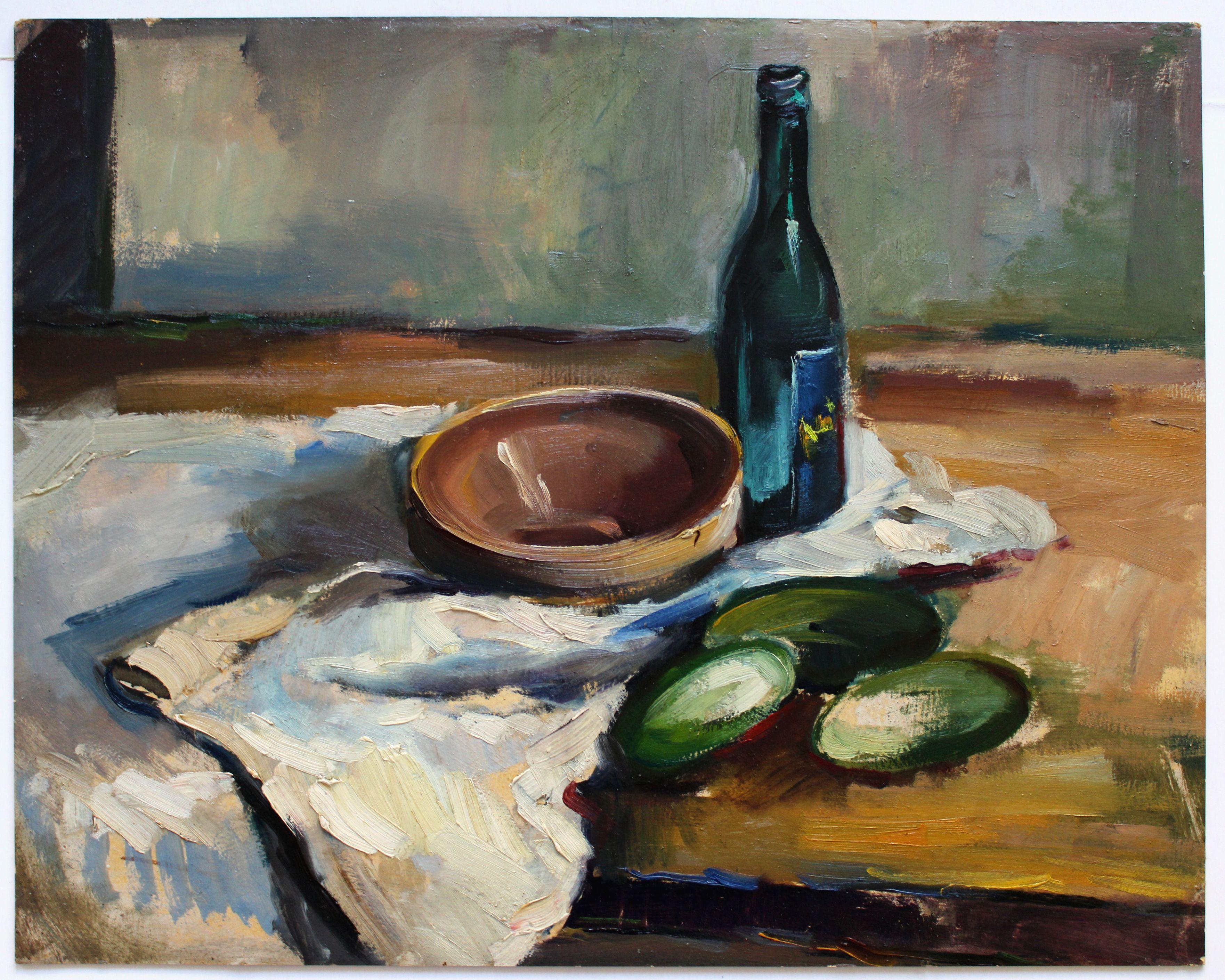 Stillleben mit Gurken und Borjomi. 1940er Jahre, Öl auf Karton, 51x66cm – Painting von Harijs Veldre