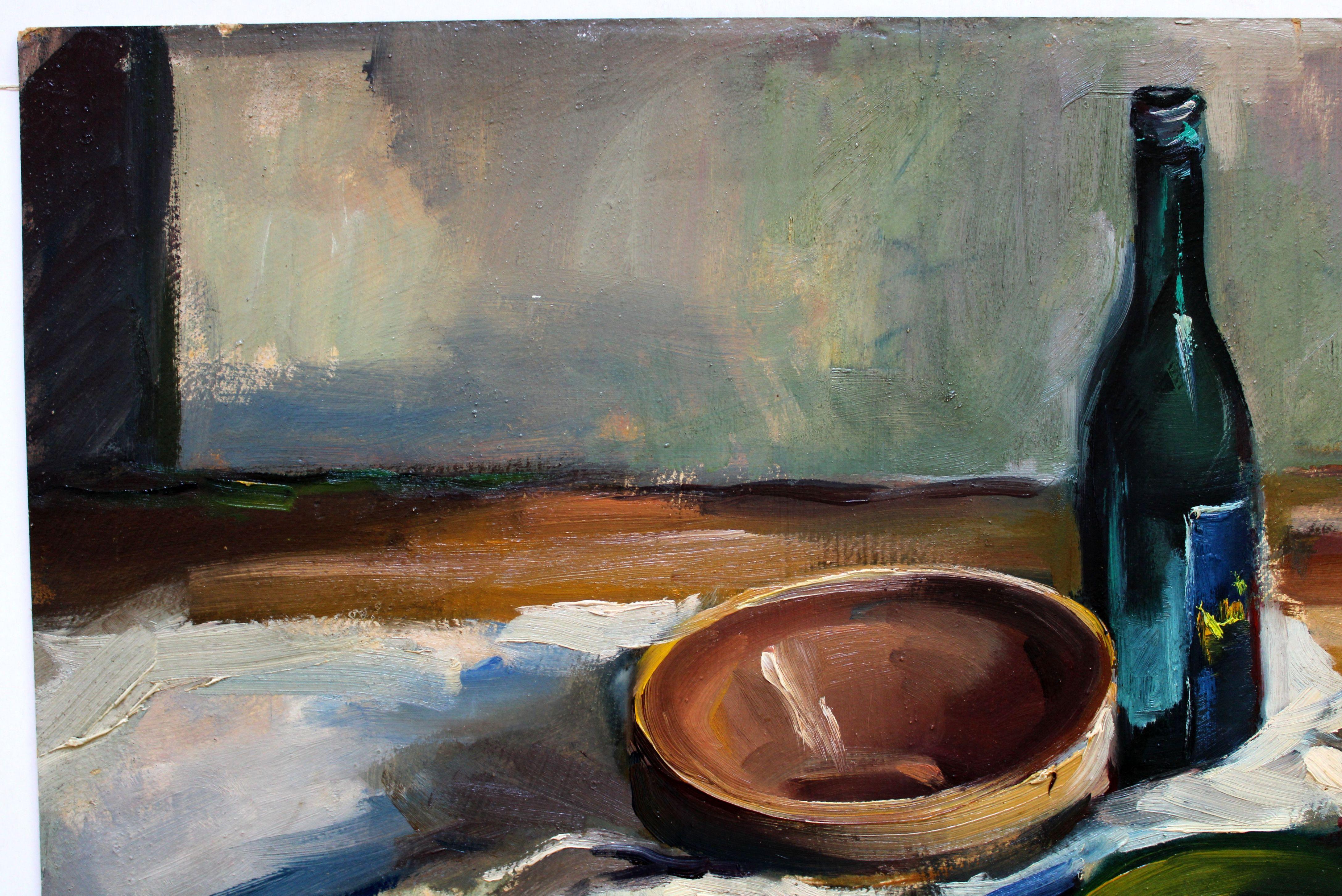 Stillleben mit Gurken und Borjomi. 1940er Jahre, Öl auf Karton, 51x66cm (Impressionismus), Painting, von Harijs Veldre