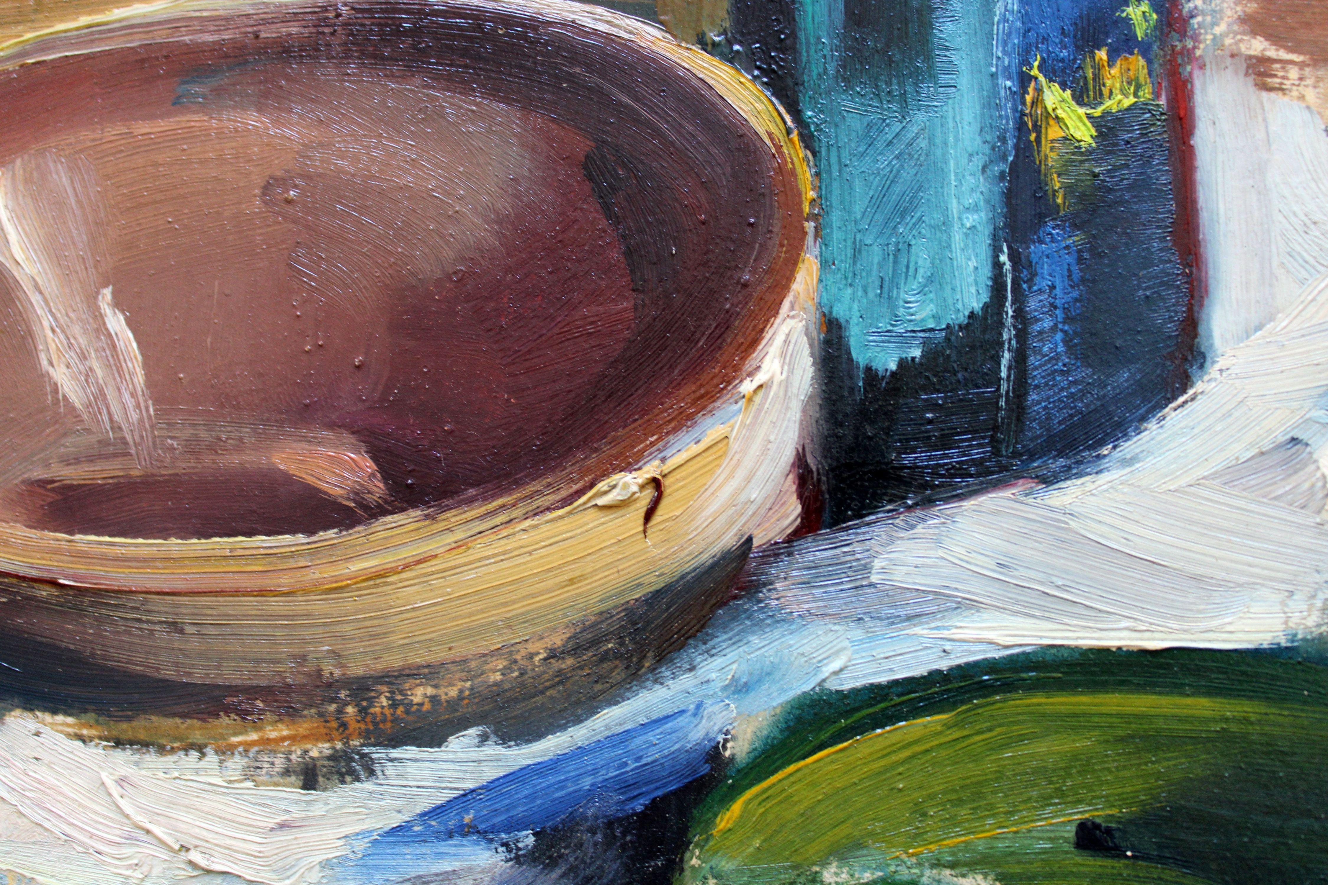 Stillleben mit Gurken und Borjomi. 1940er Jahre, Öl auf Karton, 51x66cm (Grau), Still-Life Painting, von Harijs Veldre