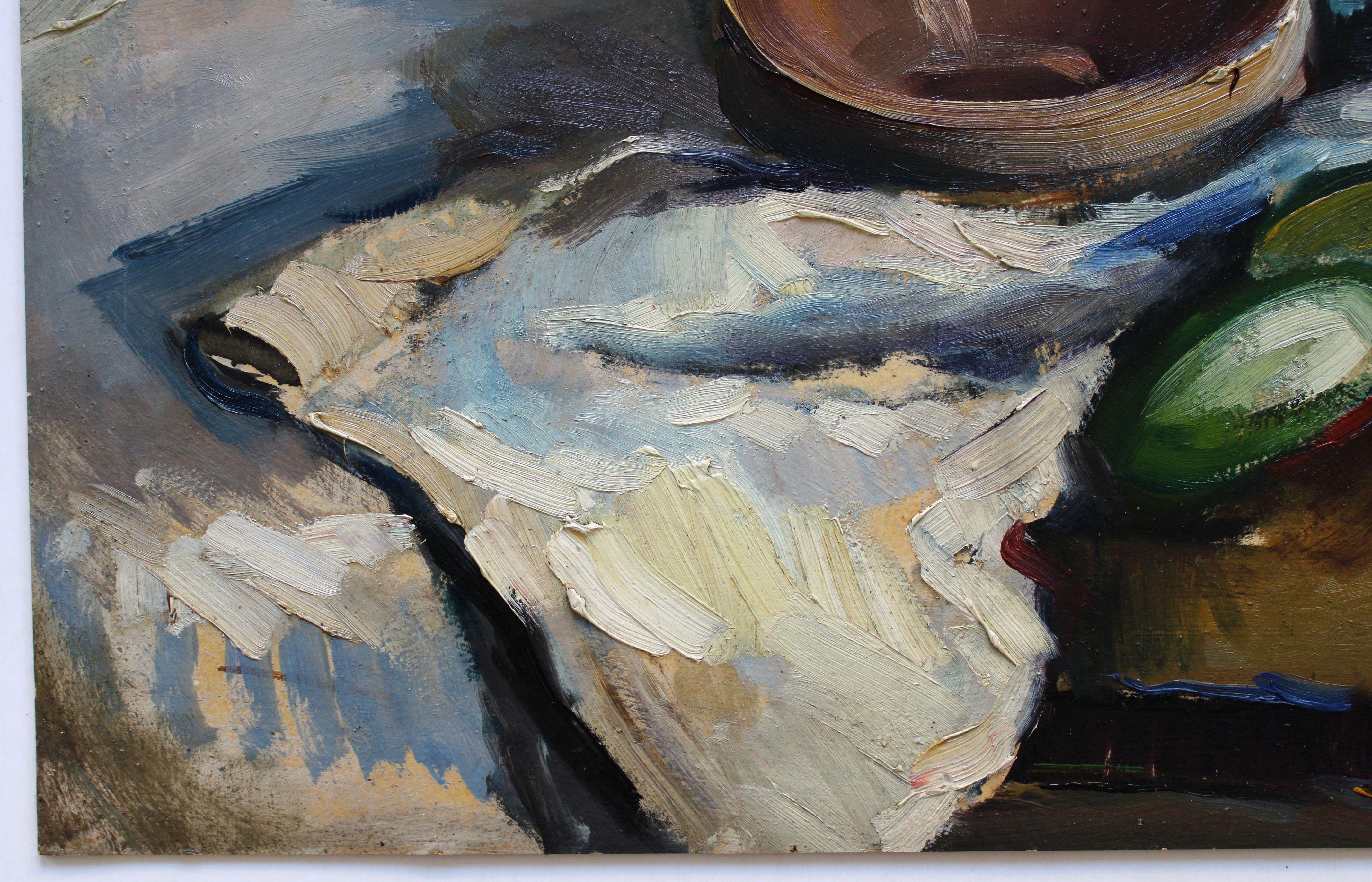 Stillleben mit Gurken und Borjomi. 1940er Jahre, Öl auf Karton, 51x66cm im Angebot 4