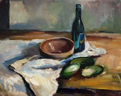 Nature morte aux concombres et au Borjomi. Années 1940, huile sur carton, 51x66cm